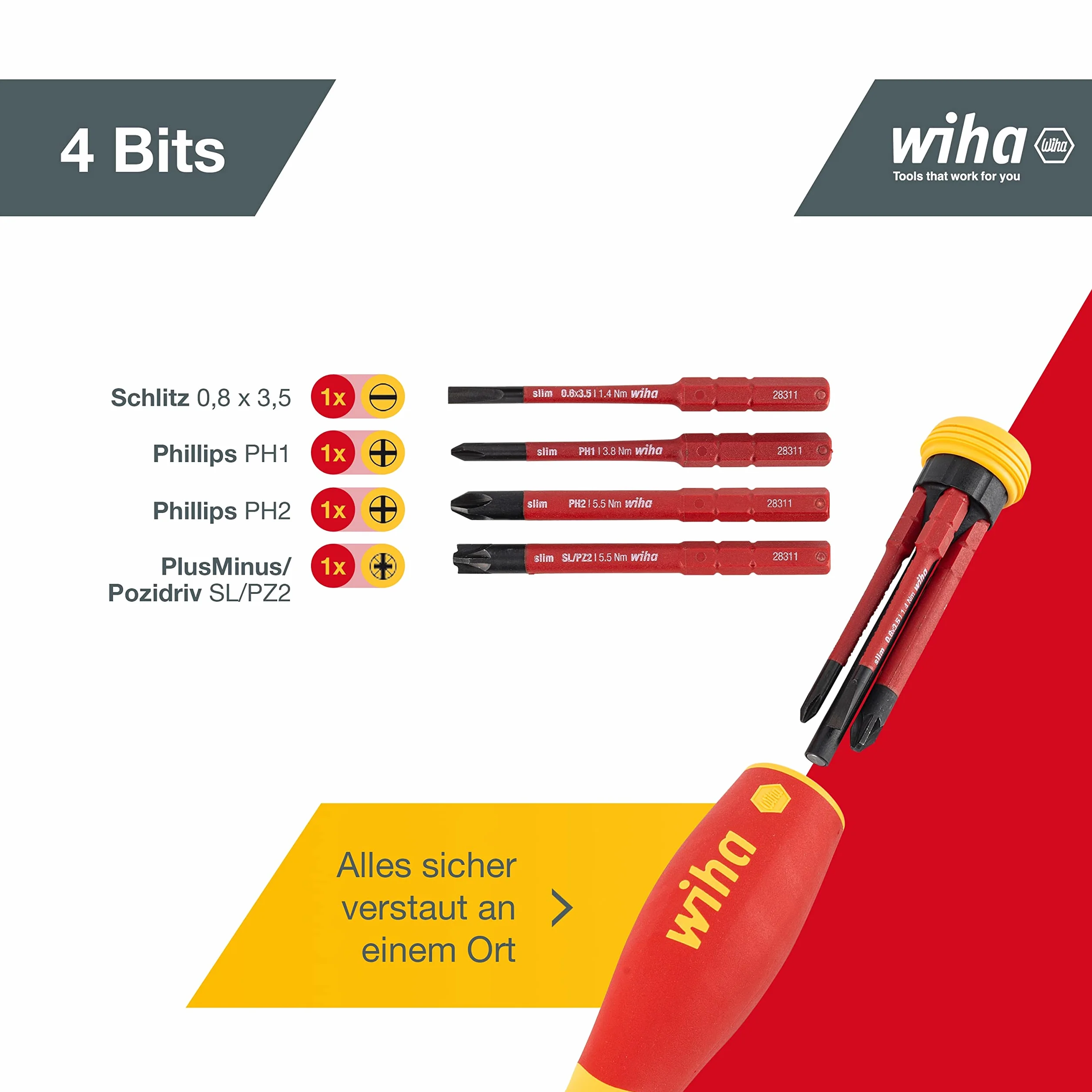 Wiha Pocketmax Zestaw Wkrętak z Bitami, Żółty/Czerwony, 4 Elementy