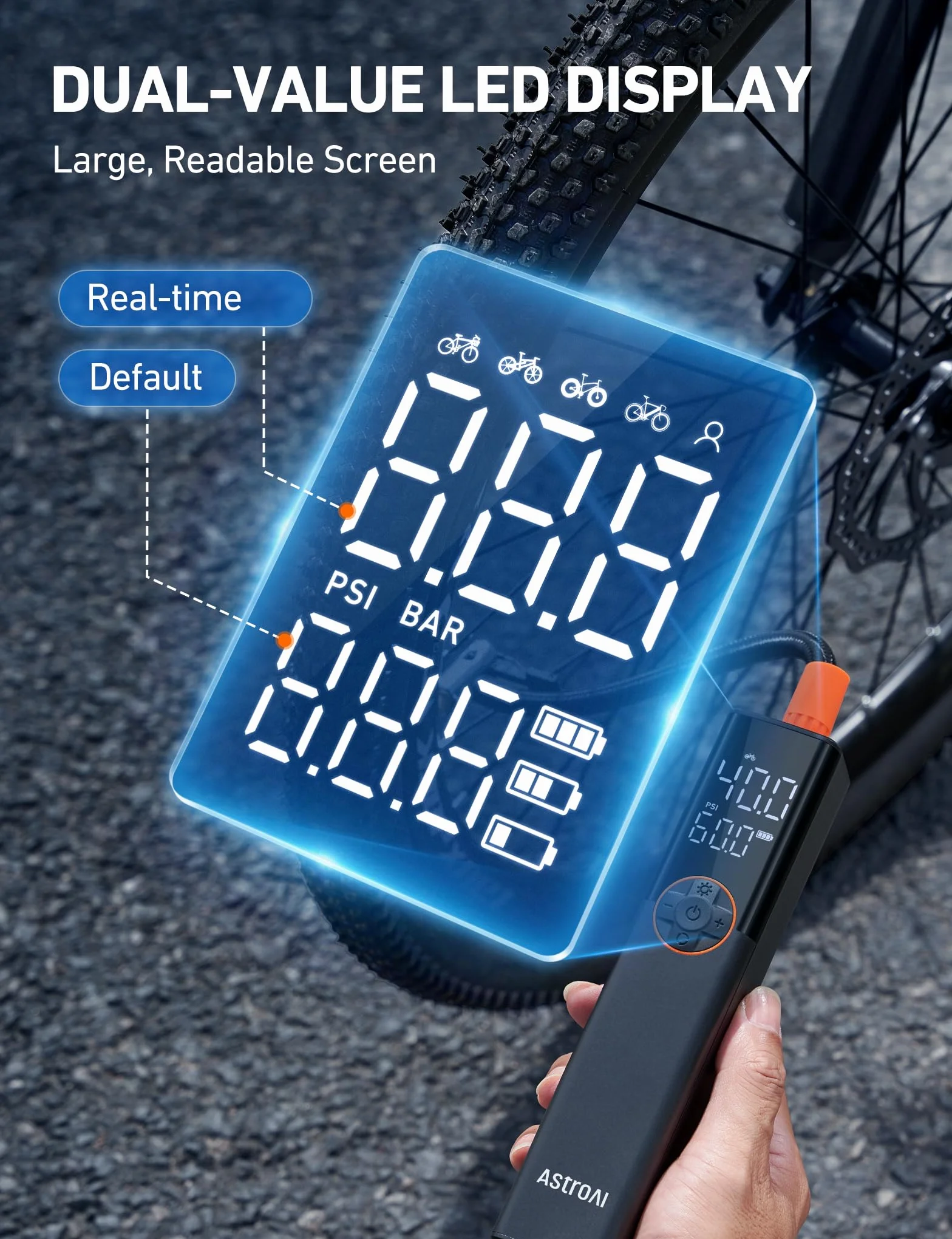 Pompa rowerowa AstroAI Elektryczna pompa powietrza, 150 PSI Mini przenośna pompa rowerowa na baterie, pasująca do wszystkich zaworów, silnik wysokiego napięcia specjalnie do rowerów