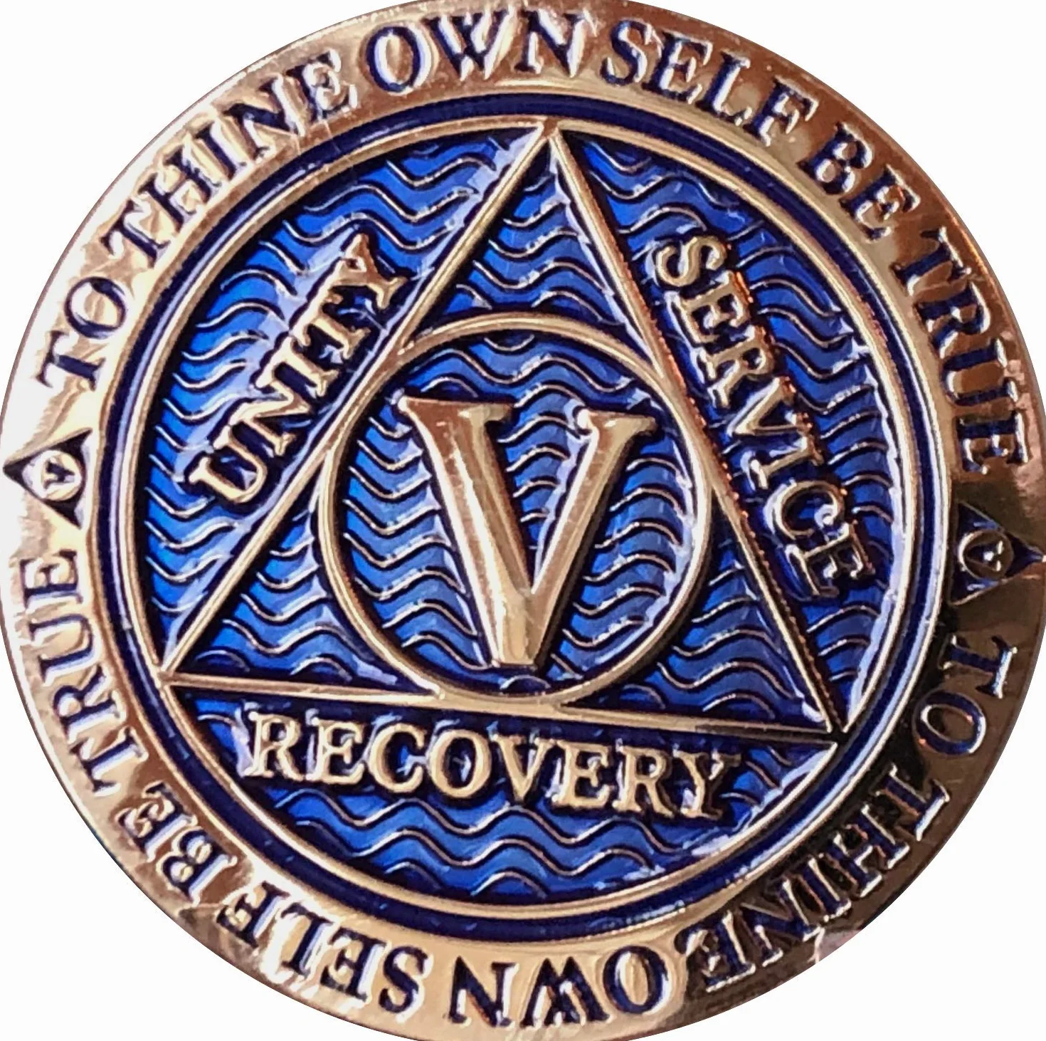 AA Medallion Dusty Blue Gold Plated Chip 5 Year