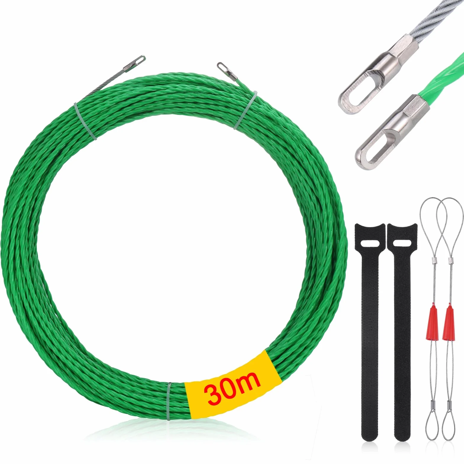 Zocipro Ściągacz do kabli z taśmą rybną przez ścianę, 30 m, ściągacz do drutu elektrycznego 4,5 mm z 2 metalowymi drutami blokującymi i 2 paskami do kabla komunikacyjnego, ściany, kanału podłogowego