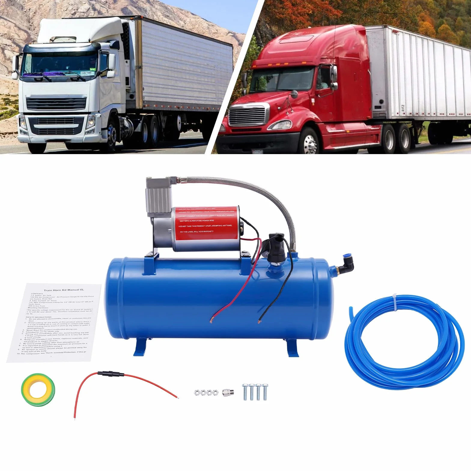 Sprężarka powietrza 12 V do samochodu, kompresor powietrza, kompresor 100 psi, ze zbiornikiem 6 l, w zestawie wąż 3,8 m, maks. 8 bar, do samochodów ciężarowych, samochodów, pompowania opon, klaksonów