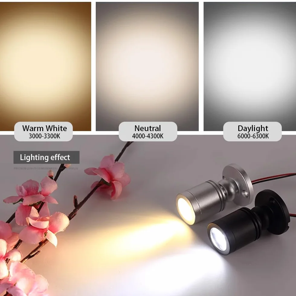 6 mini ściemnianych reflektorów LED 12 V - 1,5 W, 3000 K, ciepłe światło ze ściemniaczem, do stojaków ekspozycyjnych, czarne
