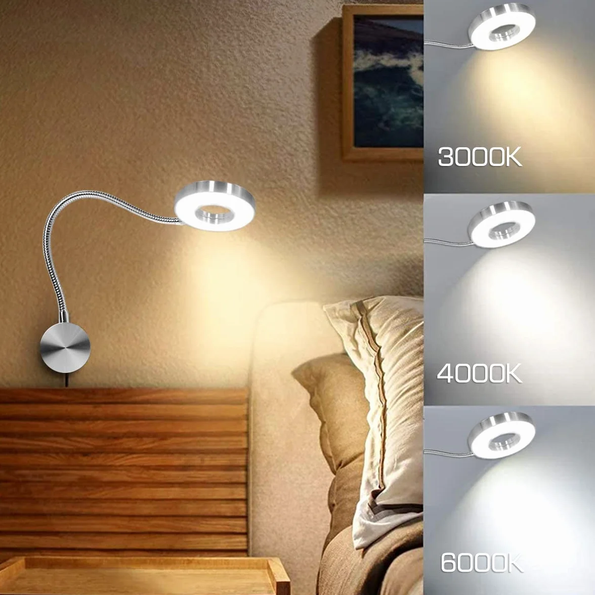 LANMOU Lampa ścienna LED 5W 420lm 40cm z wtyczką USB ściemniacz 3 temperatury barwowe
