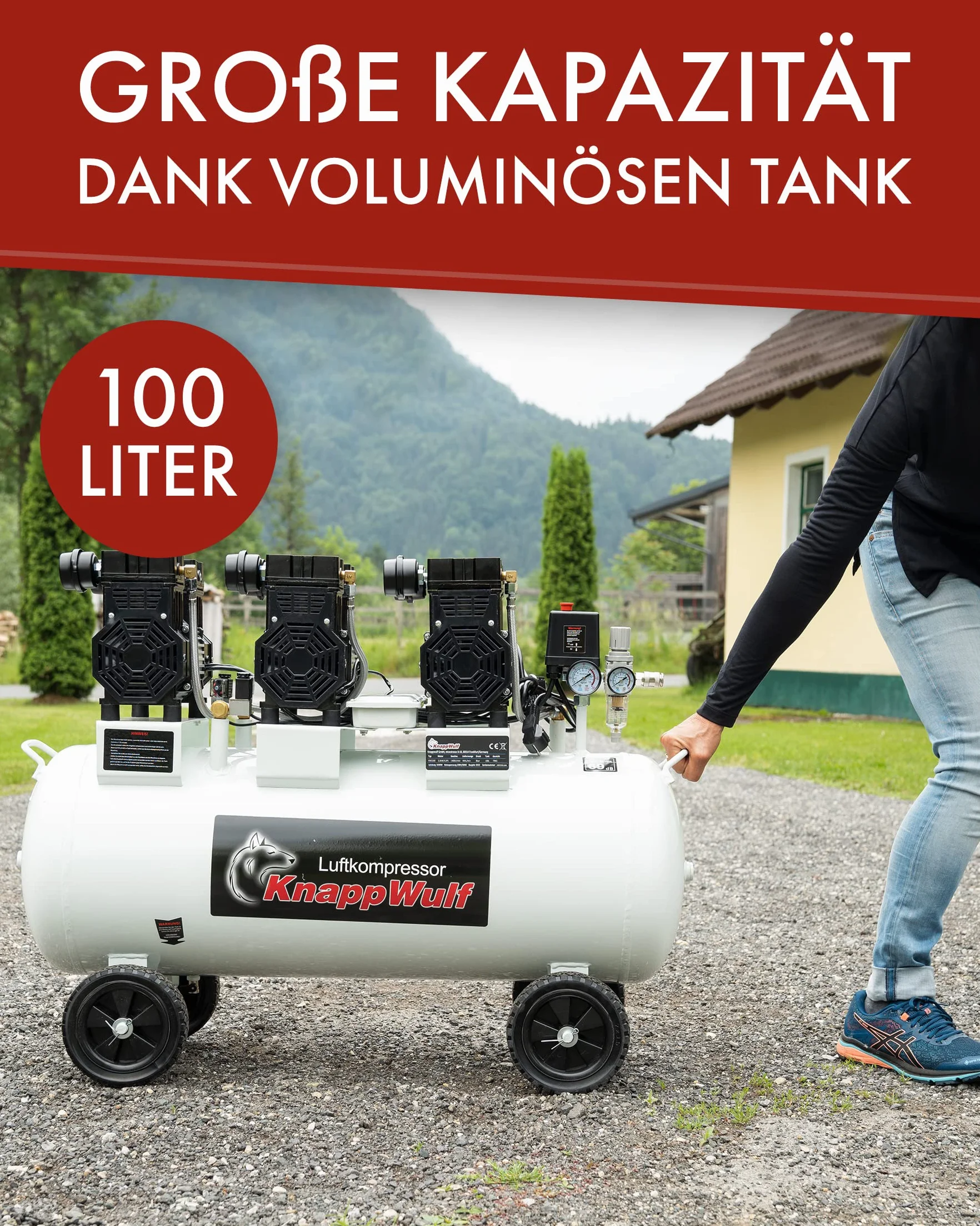 KnappWulf cicha sprężarka powietrza KW2200, 8 bar, 100 l zbiornika, 3300W, 590 l/min, bezolejowa, w zestawie odseparowana woda, reduktor ciśnienia, zawór odprowadzania kondensatu