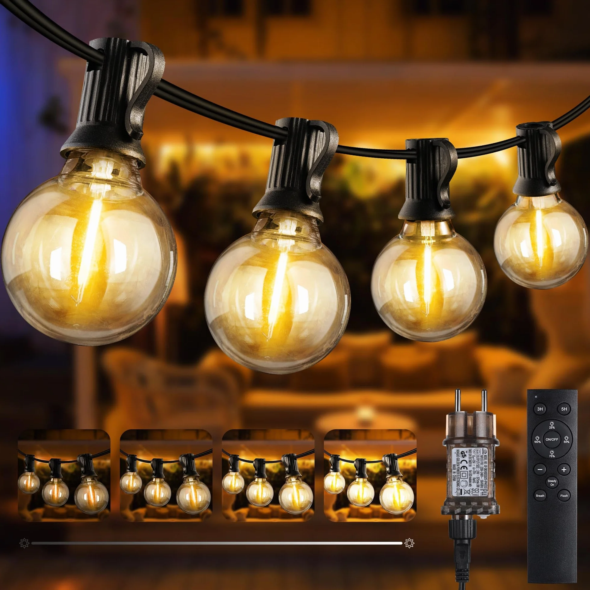 Joomer LED łańcuch świetlny na zewnątrz, 20 m, z 27+1 żarówkami LED G40, odporny na warunki atmosferyczne, 3 tryby pracy, ciepła biel, łańcuch świetlny na zewnątrz, możliwość regulacji jasności, z