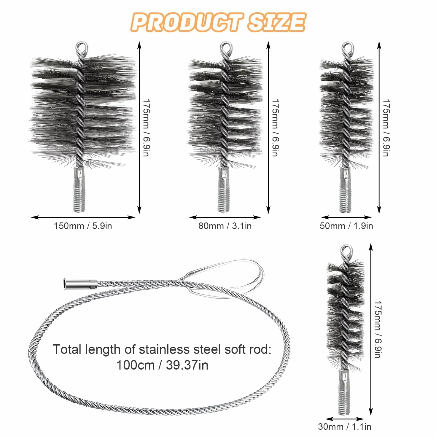 5 szt. szczotki do rur piecowych 150 mm, 80 mm, 50 mm, 30 mm, szczotka kominkowa zamiennik szczotki kominiarskiej, szczotka kominiarska ze stali nierdzewnej do czyszczenia rur piecowych i kominów.