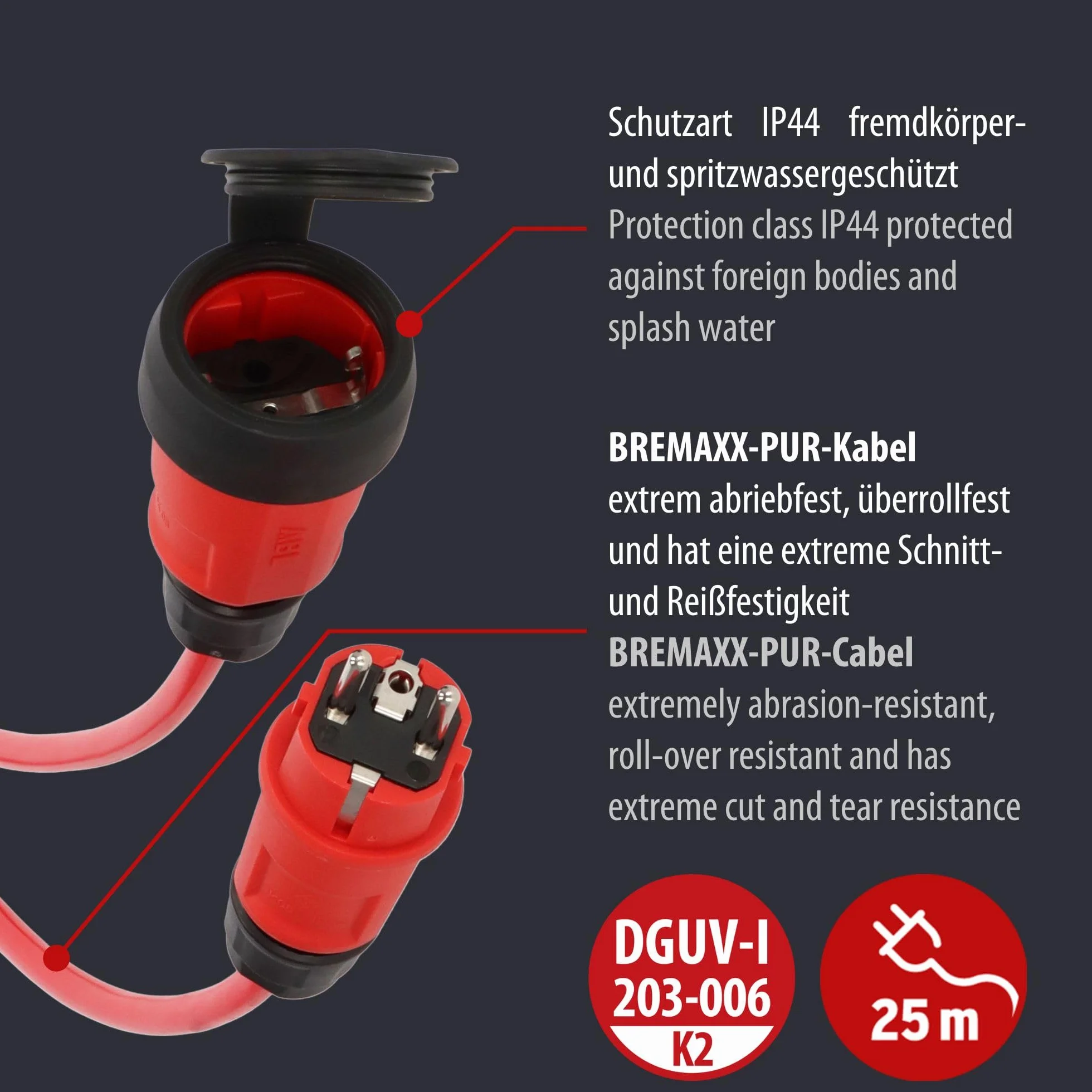 Brennenstuhl Professional Extension Cable VQ 1100 IP44 (10 m kabel H07BQ-F 3G1,5 in red, construction site use and permanent outdoor use, Made in Germany)