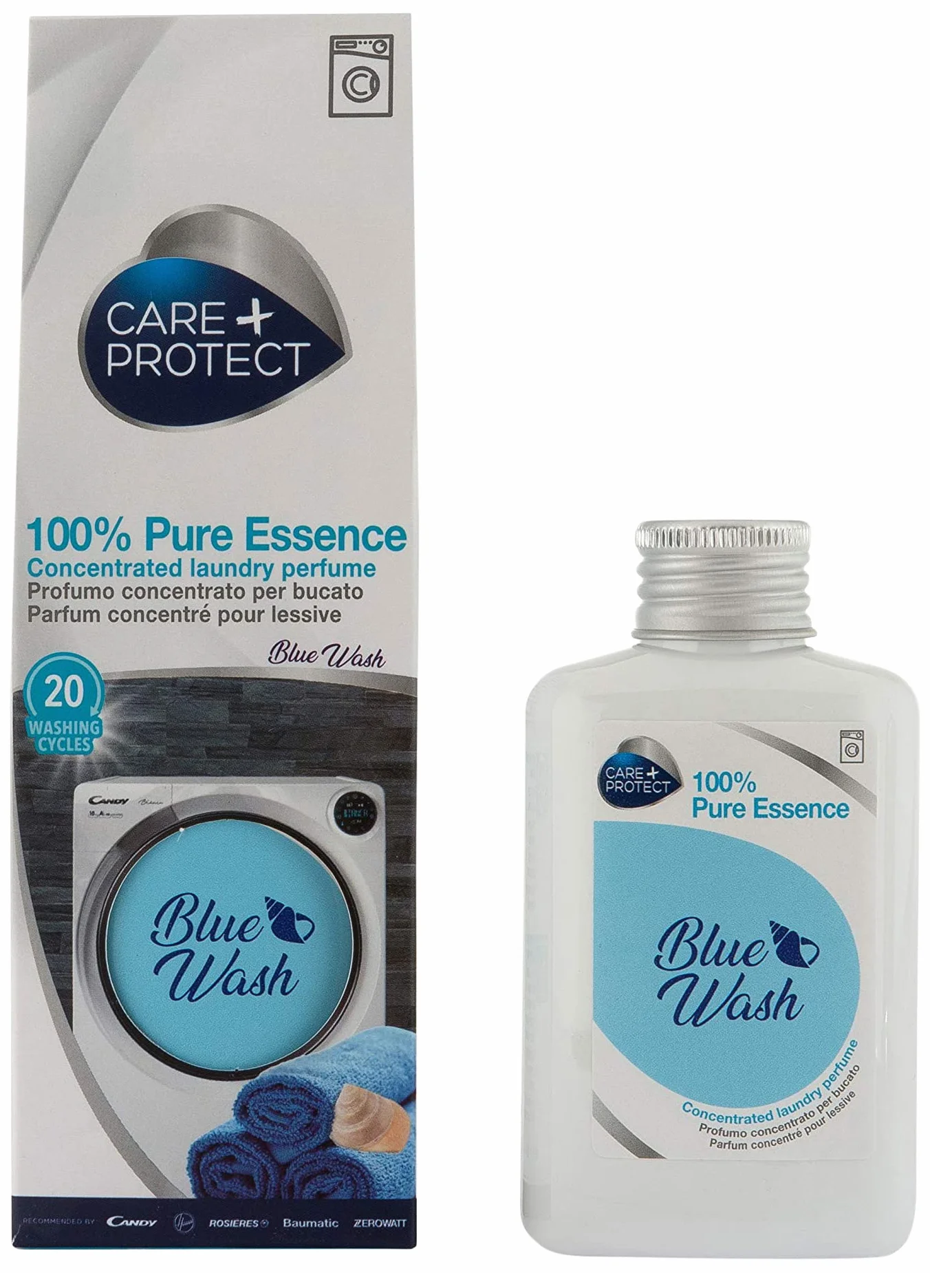 Care + Protect – perfumy do prania Blue Wash do pralki/100% Pure Essence / skoncentrowany zapach prania / uniwersalne zastosowanie / długo działający zapach / 100 ml na ok. 20 cykli prania