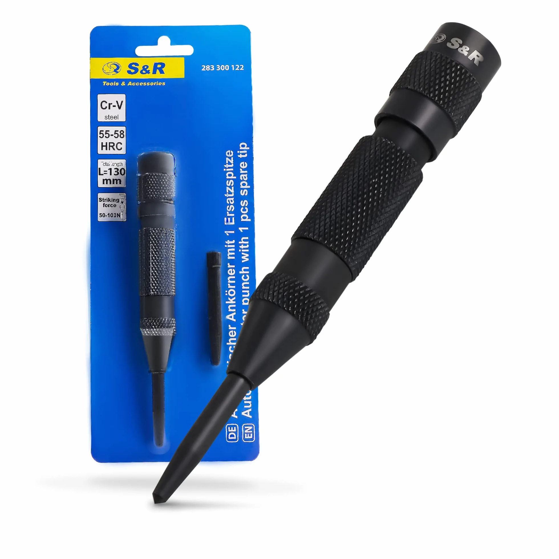 S&R Automatyczny dziurkacz 50-100 N, 130 mm, dziurkacz automatyczny z 1 wymienną końcówką, Cr-V, automatyczny dziurkacz zębaty, solidna i trwała konstrukcja w całości z metalu, do metalu, drewna