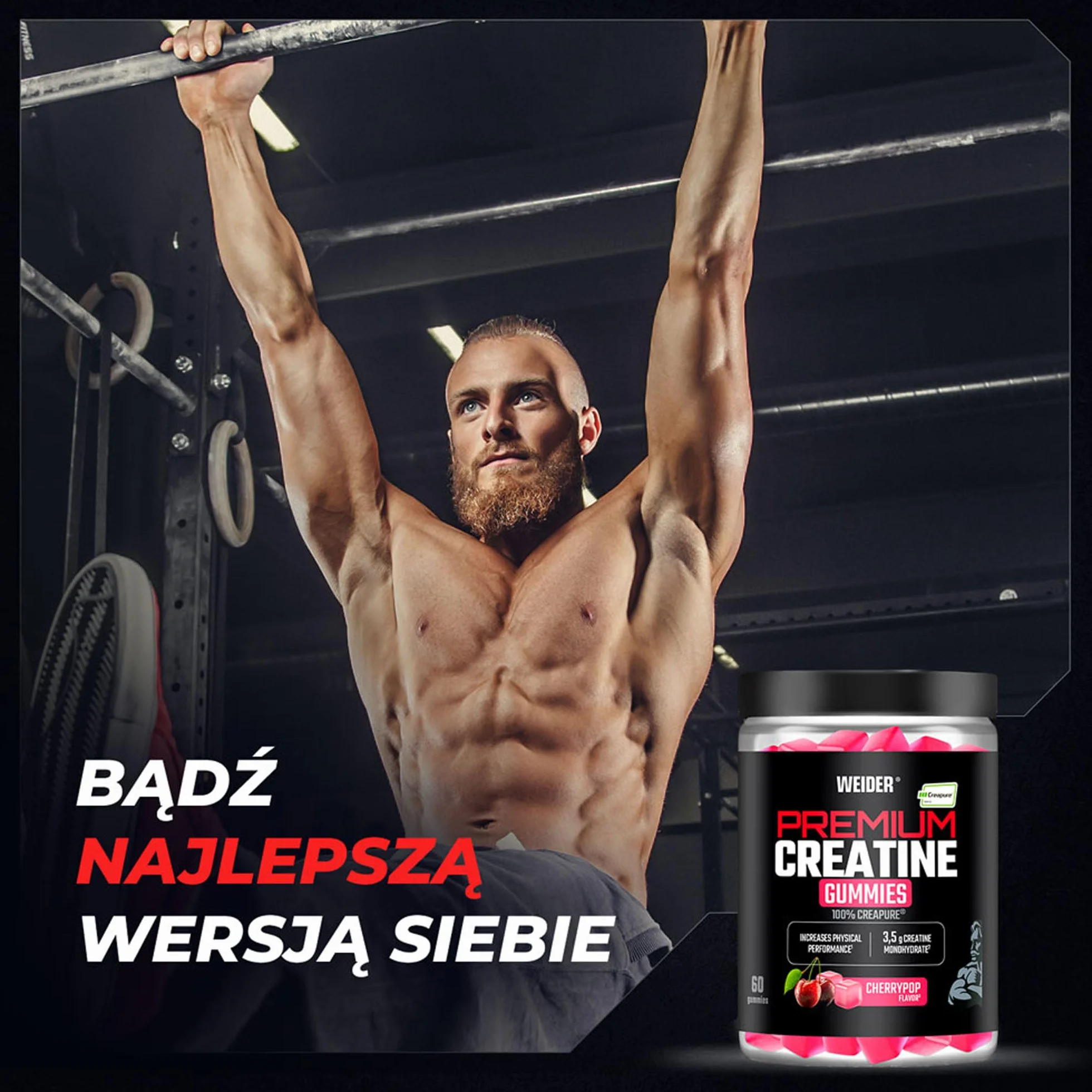 Weider Premium Creatine Gummies (60 żelek) o smaku wiśni, zawierające 3,5 g kreatyny monohydrat 100% Creapure na porcję, wspierają zwiększenie wydolności fizycznej (20 porcji)