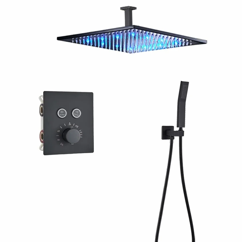 Luksusowa czarna bateria prysznicowa termostatyczna do łazienki deszczownica bateria ścienna do wanny zestaw prysznicowy ścienny B 3W 12" sufitowy,Sufit 2-w-12-calowy