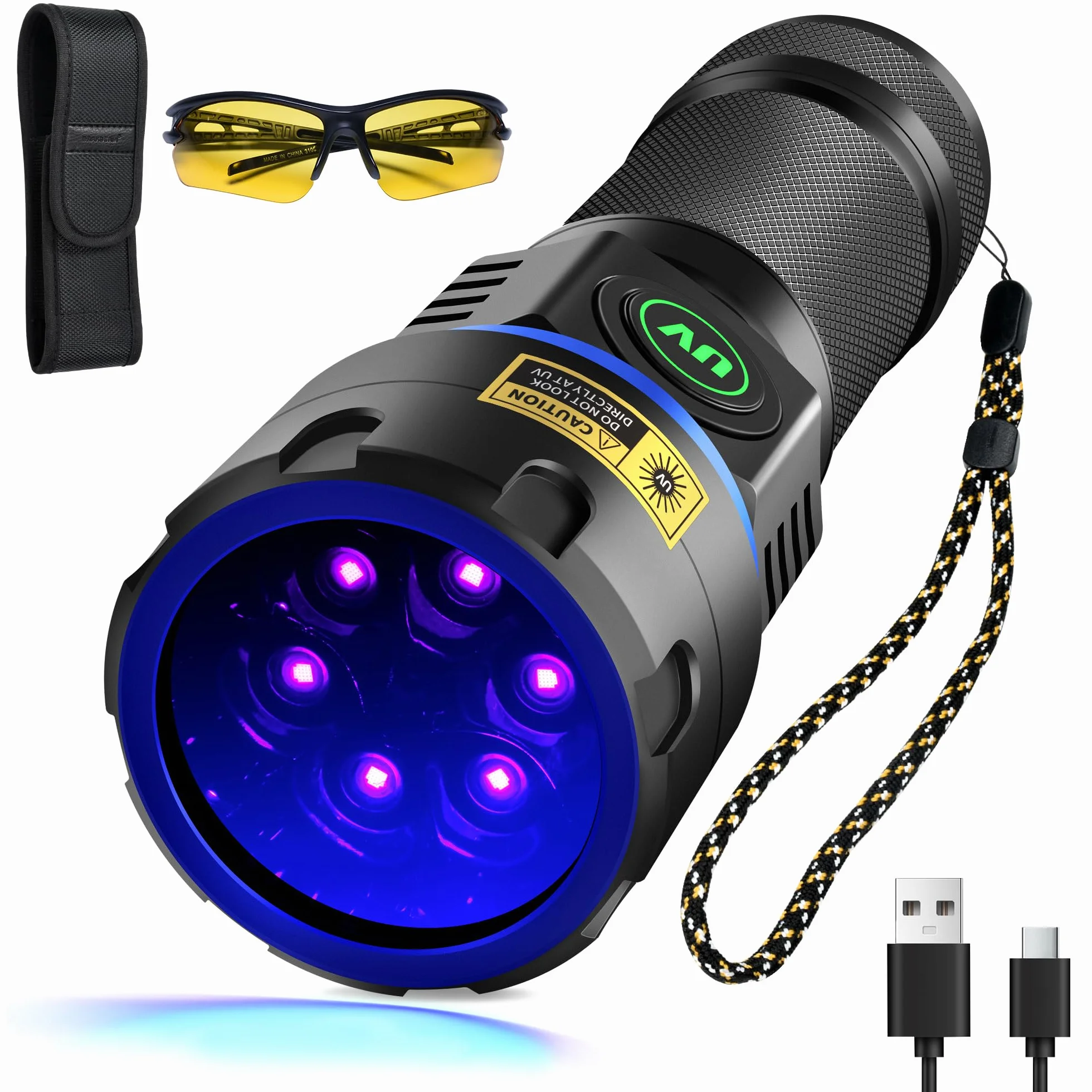 DARKBEAM Latarka UV 365nm Blacklight 6xLED Potężne 60W, Czarne światło Woodsche Lampa Akumulator USB Latarki Ultrafioletowe Detektor moczu dla kota do szkła uranowego, Minerały, Utwardzanie żywicy