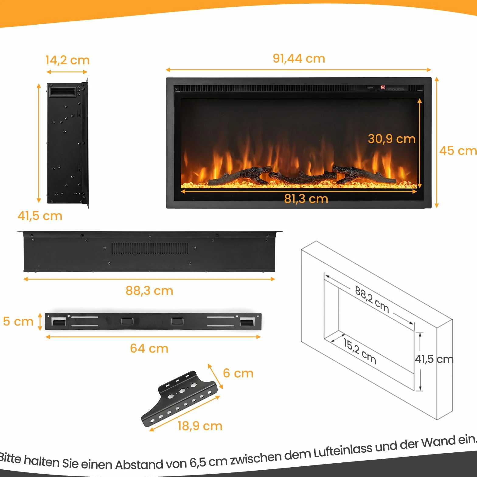 COSTWAY Kominek elektryczny 36" 750 W/1500 W, ogrzewanie kominkowe z ekranem dotykowym i pilotem zdalnego sterowania i timerem 8H, kominek ścienny w 9 kolorach z 5 poziomami jasności, 91,5 x 45 x 14