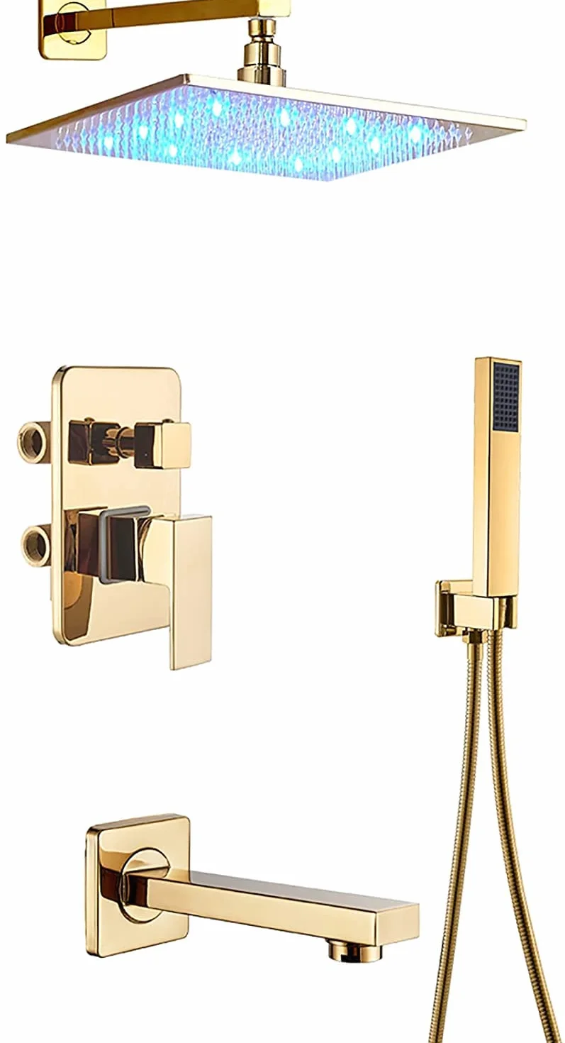 System prysznicowy LED z wylewką wannową, deszczownicą kwadratową i ręcznym zestawem prysznicowym, ściennym zestawem baterii prysznicowej Golden (16 inches)
