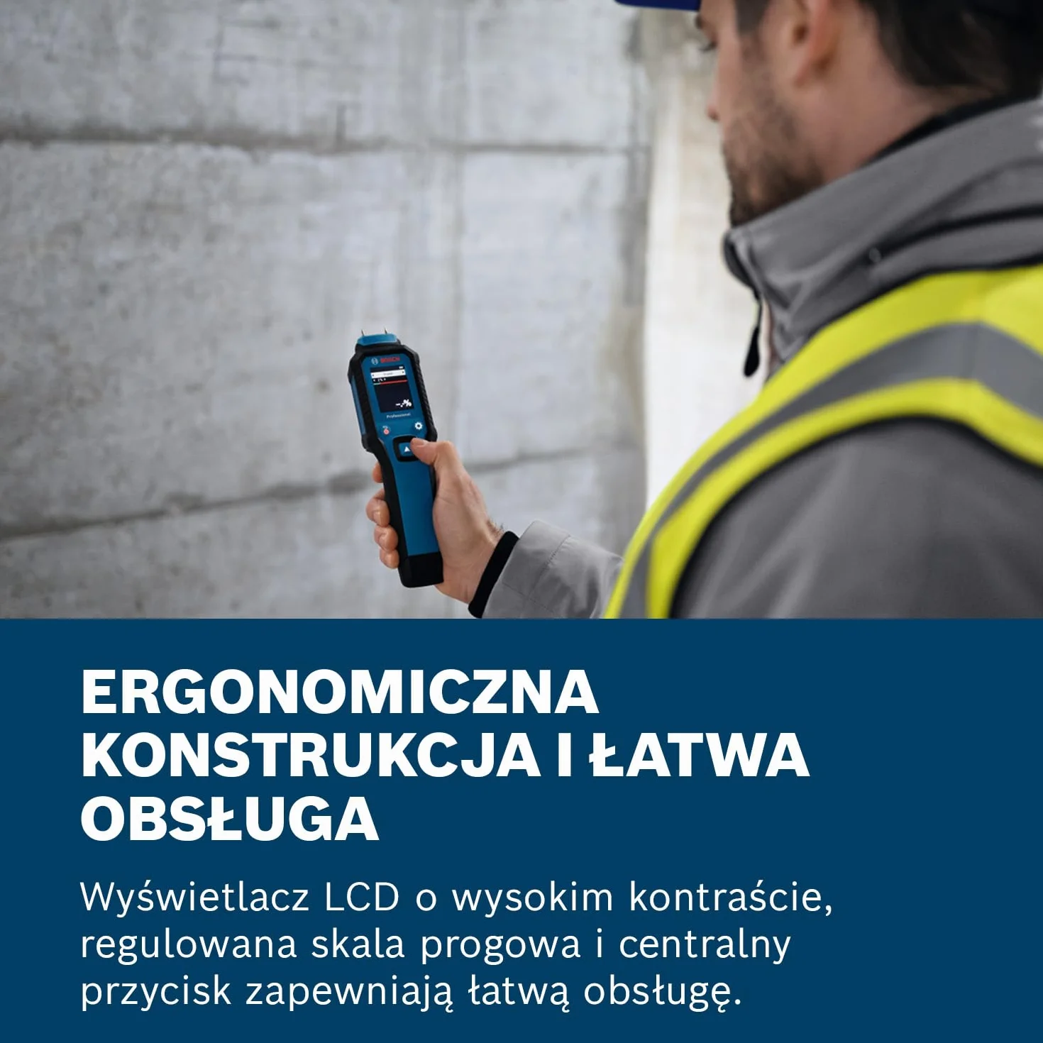 Bosch Professional Wilgotnościomierz GMP 1-13 (z pinami, mierzy 37 rodzajów drewna i 10 rodzajów materiałów budowlanych, IP65, wyświetlacz LCD o wysokim kontraście, 2 baterie AA, pokrowiec)