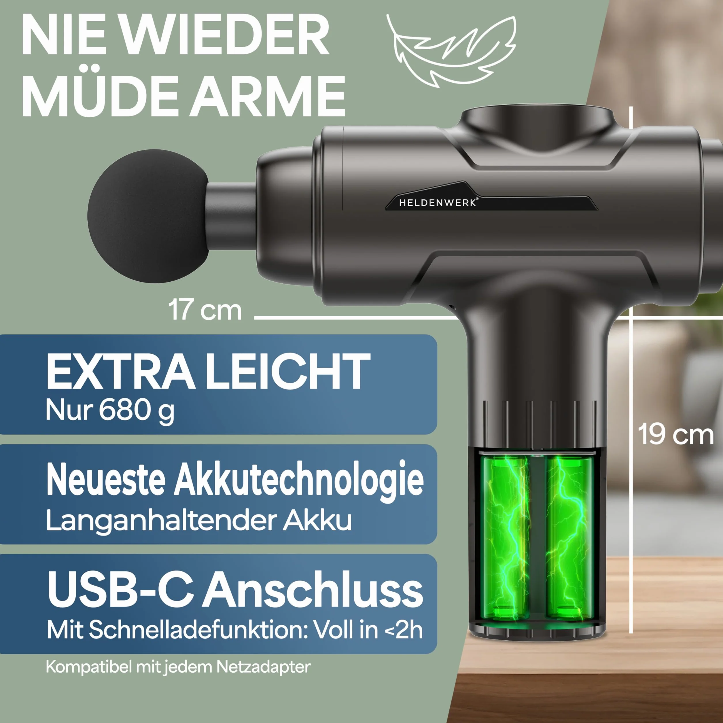 Pistolet do masażu z 6 głowicami, 30 prędkościami, USB-C, ekran dotykowy LCD, szary