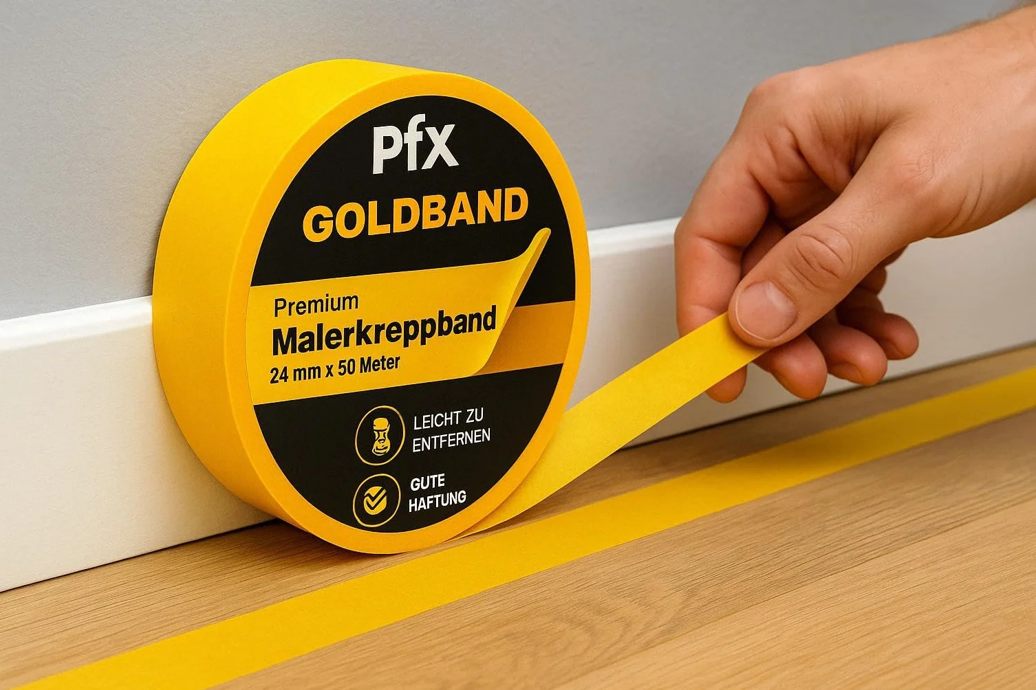 Taśma malarska PfX Goldband – 3 x taśma malarska 24 mm x 50 m (rolka), profesjonalna taśma maskująca, taśma Washi Tape, złota taśma papierowa, samoprzylepna, czyste krawędzie i precyzyjne naklejanie