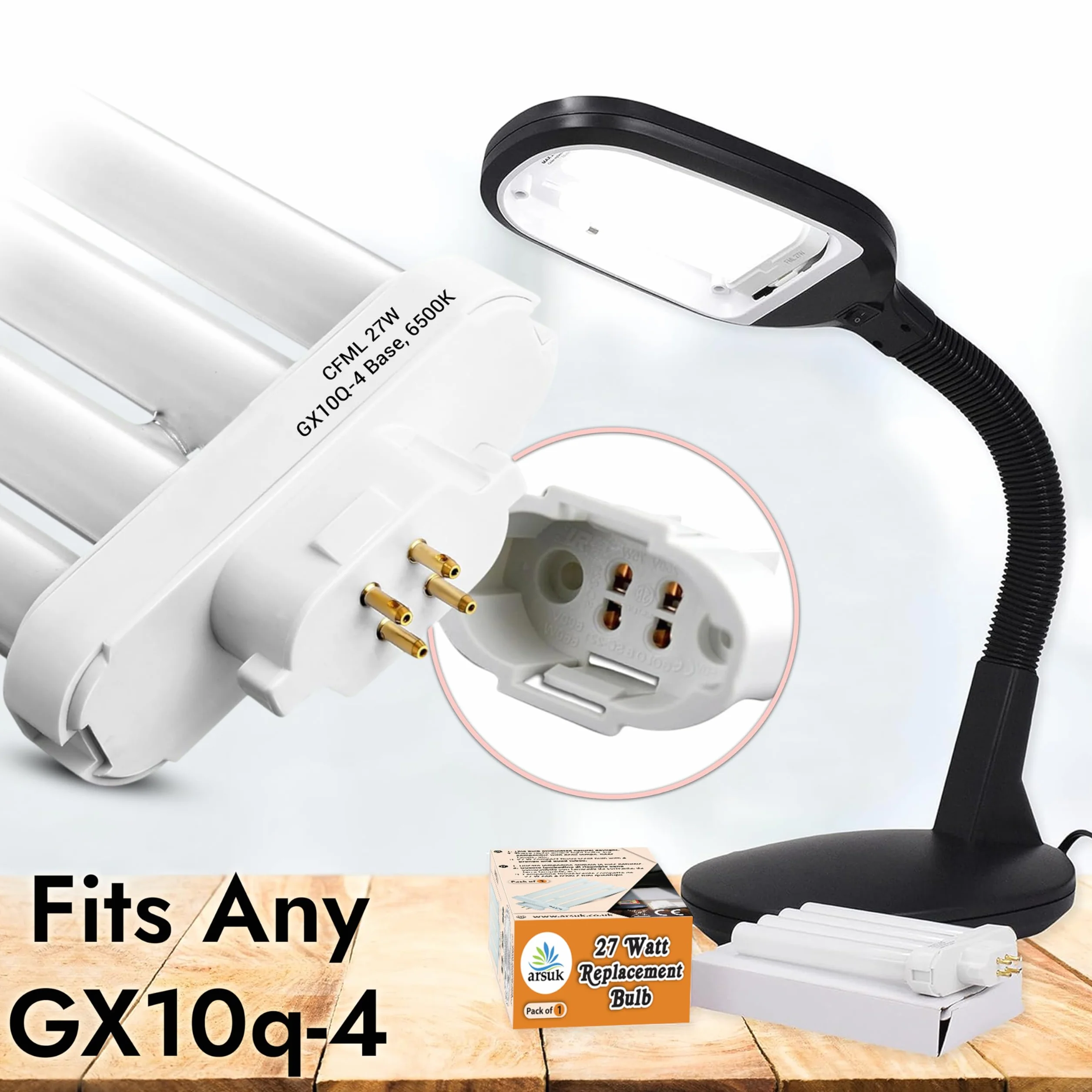 ARSUK 27W Wymienna żarówka do światła dziennego - 4-pinowa świetlówka do lampki nocnej, czytania stołu, lampy dla dzieci YDW-27FM - GX10Q - fluorescencyjna 27 W LAMPA FML(6500 K - Zestaw 1 sztuk)