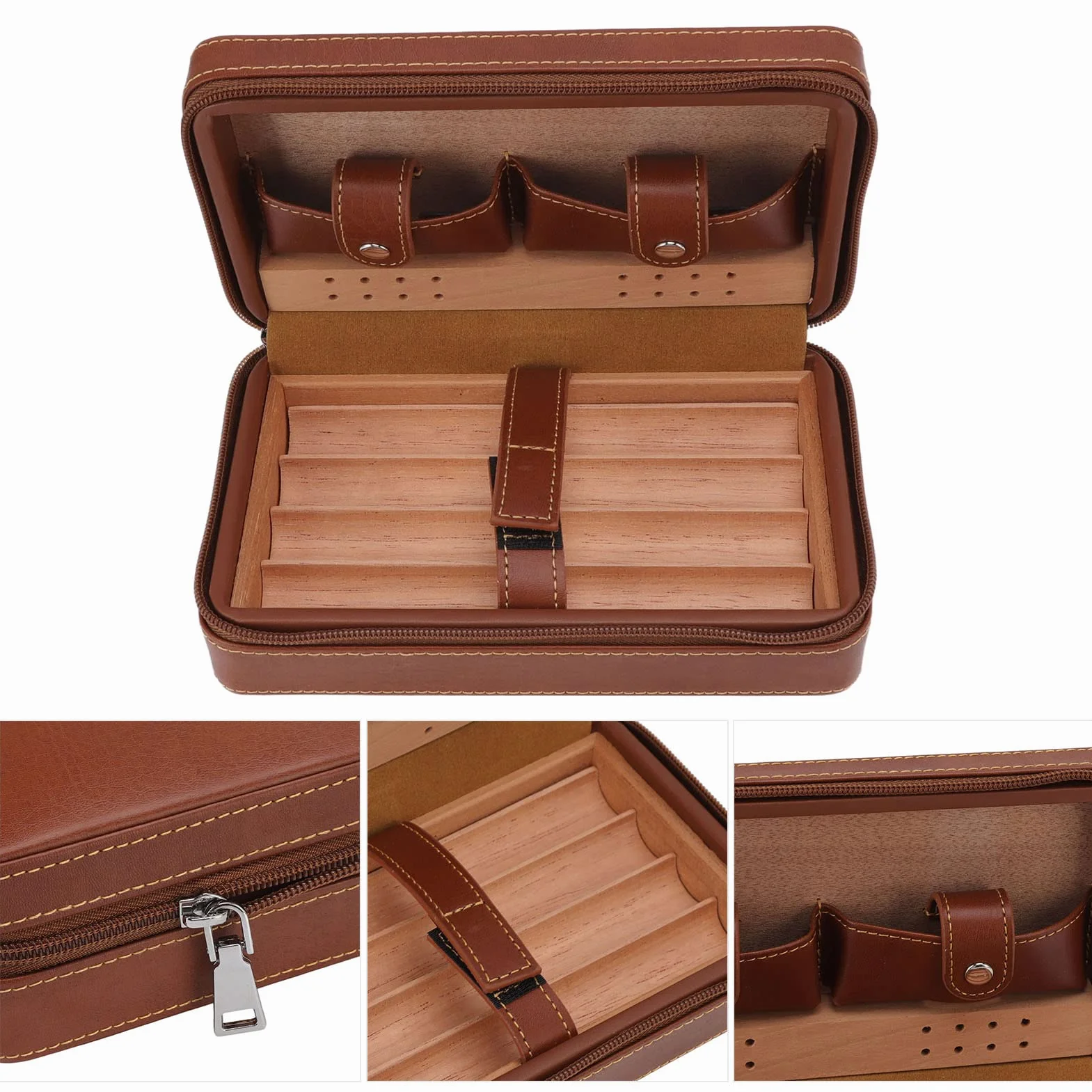 Travel Cigar Humidor Case, przenośne pudełko na cygara z nawilżaczem i dzielnikiem, Cedar Wood Leather Cigar Case Gift Set with Storage Bag, Suction Nozzle for Men Women, Holds up to 4 Cigars