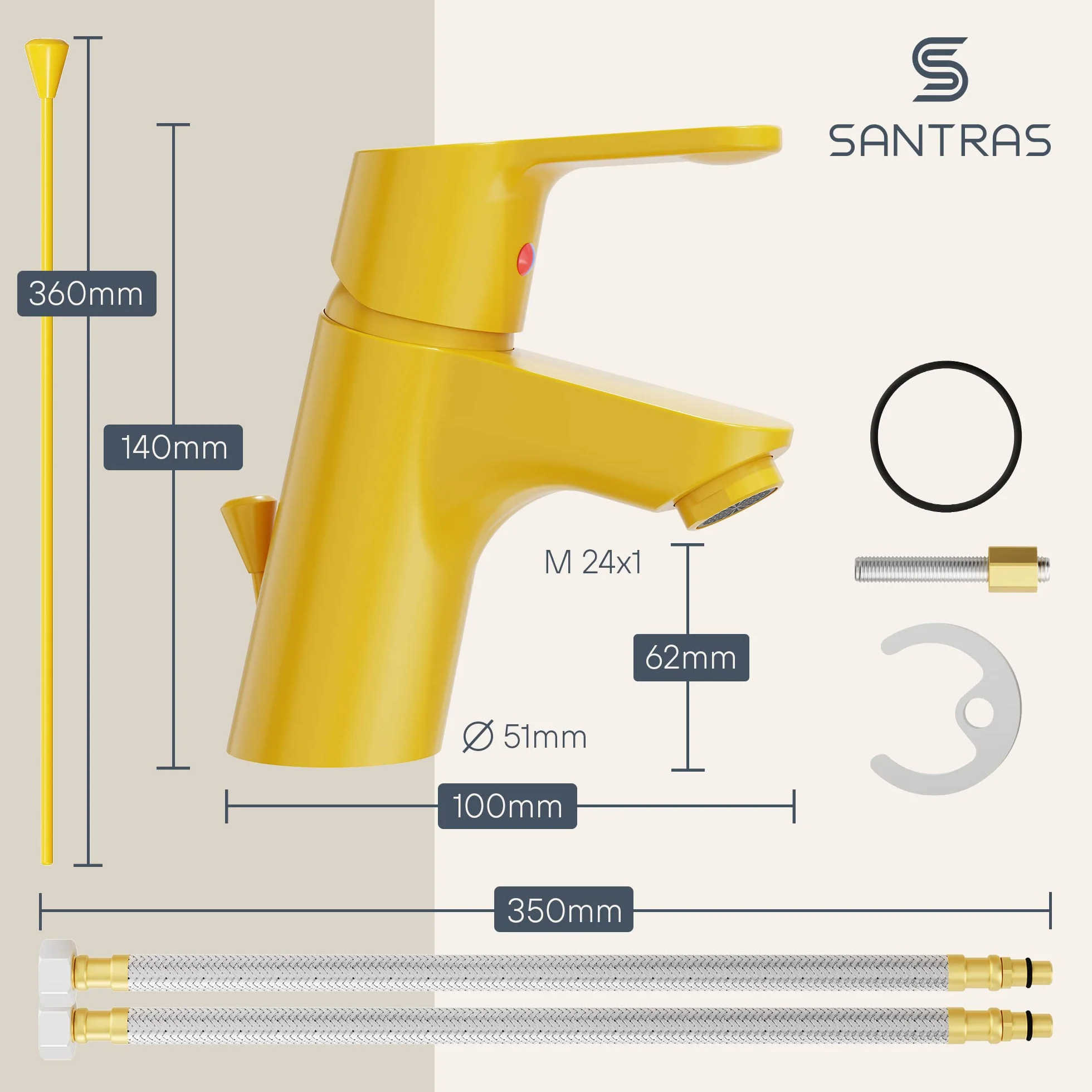 SANTRAS® Bateria umywalkowa do łazienki z mimośrodowym zestawem odpływowym i drążkiem w kolorze żółtym - jednouchwytowa bateria mieszająca ciepła zimna do otworu umywalka kran MADE IN GERMANY