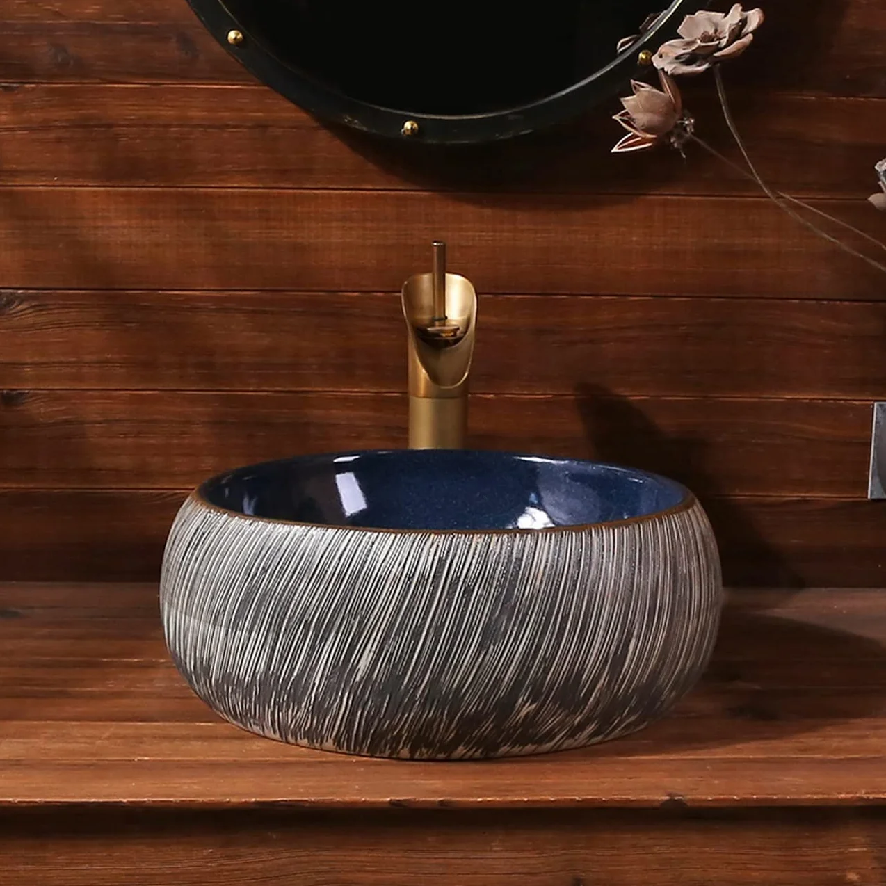 Okrągła Umywalka Porcelanowa Nablatowa, Modna Umywalka Łazienkowa Z Artystyczną Misą, Umywalka Nablatowa Ceramiczna Z Baterią I Odpływem, Szczotkowana, Teksturowana