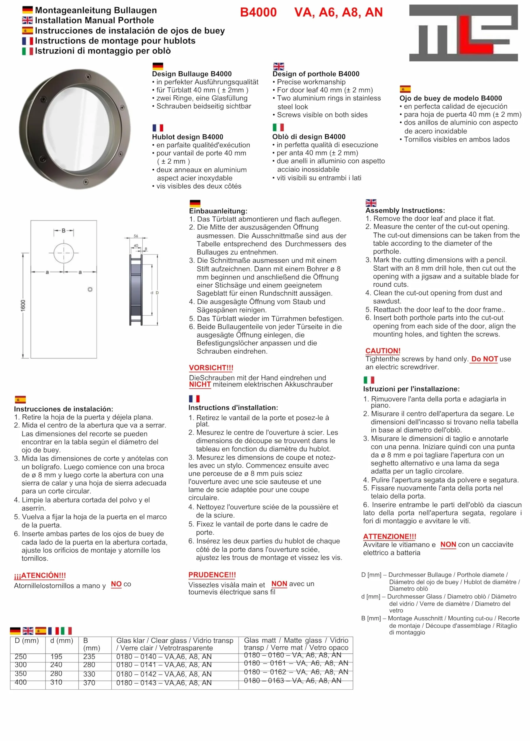 MLS B4000 AN Bulaj do Drzwi, z Wytrzymałego Aluminium, Bezpieczne Szkło VSG, Odpowiedni do Drzwi o Grubości 40 mm, Widoczne Śruby Montażowe, Naturalne Aluminium, Średnica 300 mm, Szkło Matowe
