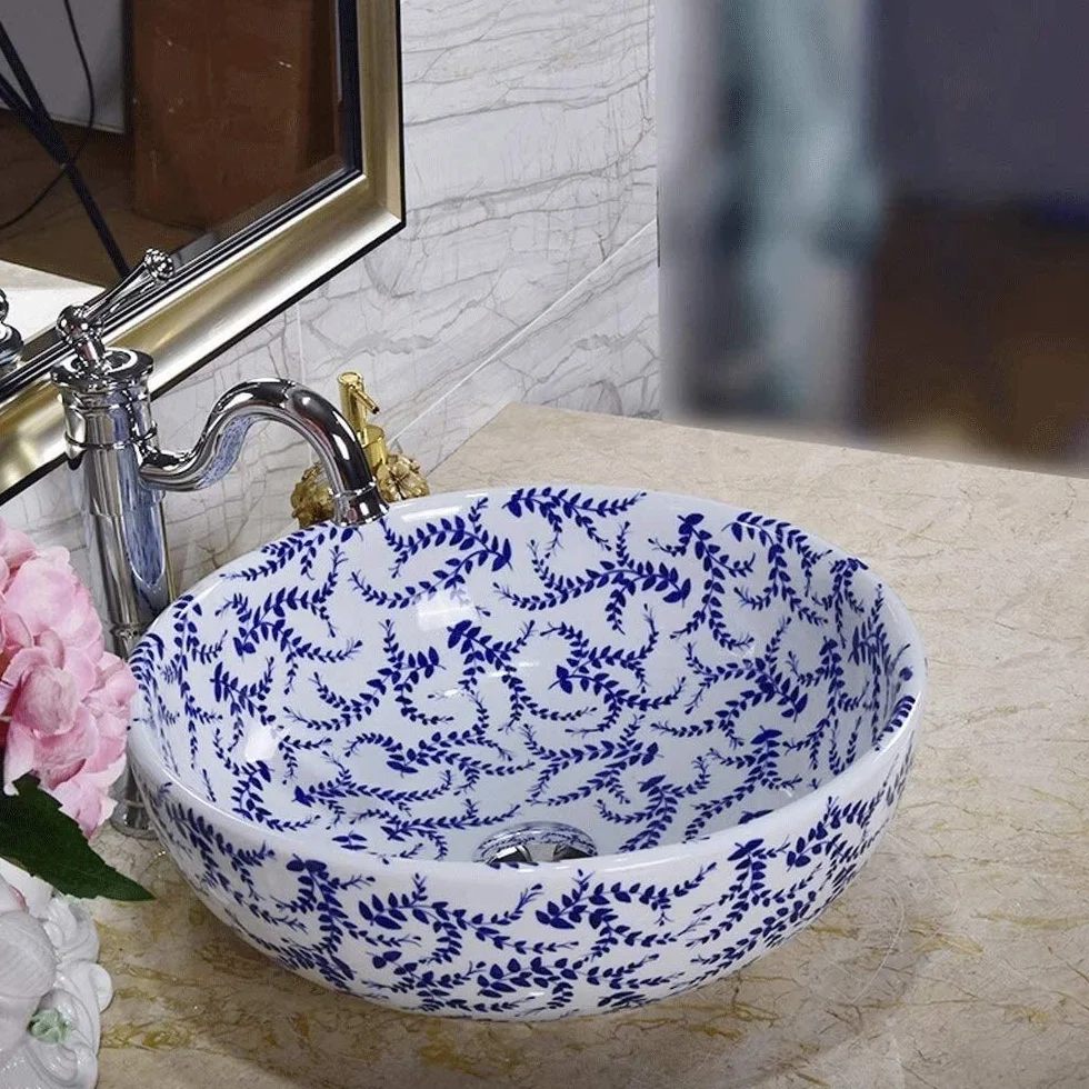 Szafka Pod Umywalkę Z Umywalką, Umywalka Nablatowa, Nowoczesna Okrągła Ceramiczna Umywalka Nablatowa, Porcelanowa Miska Nablatowa Z Ręcznie Malowanym Wzorem Liści