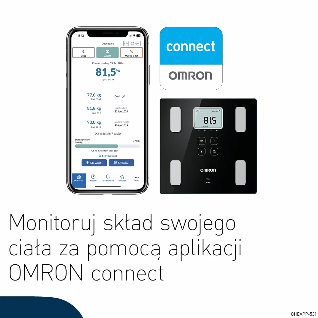 Waga OMRON VIVA Bluetooth Smart i monitor składu ciała z pomiarem tkanki tłuszczowej, masy ciała, zawartości tłuszczu trzewnego, masy mięśni szkieletowych, metabolizmu spoczynkowego i BMI