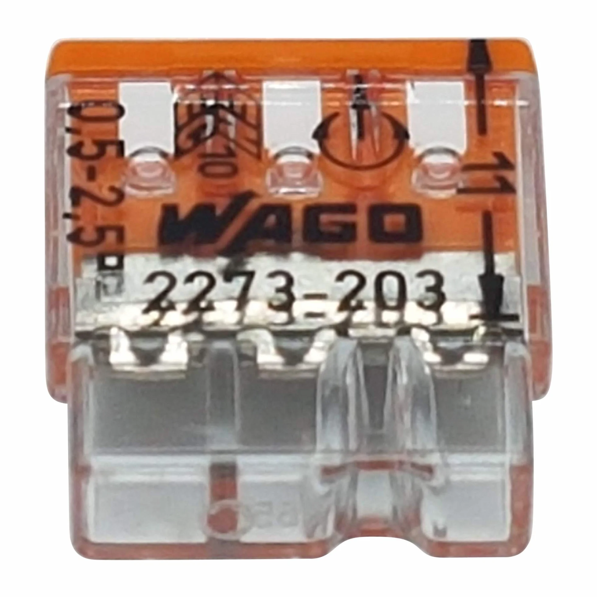 20 sztuk Wago 2273-203 COMPACT zaciski przyłączeniowe Ø 0,5-2,5 mm², 3-biegunowe, przezroczyste/pomarańczowe
