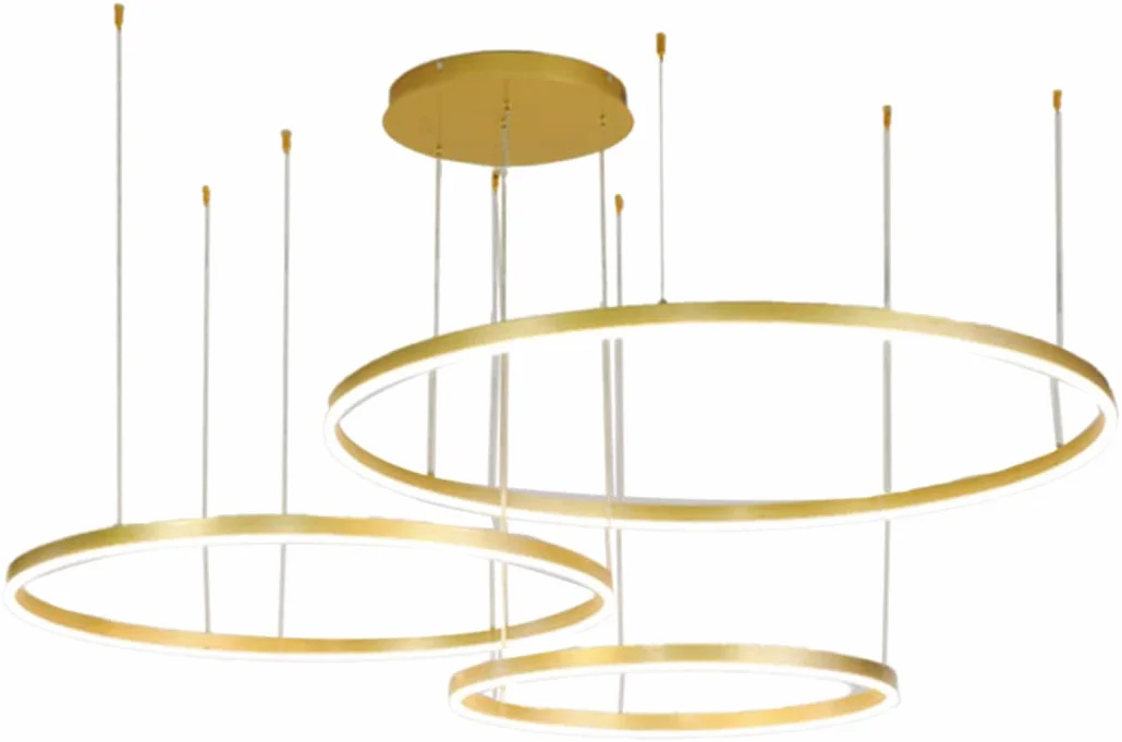 Lampa wisząca LED, do jadalni, do salonu, przyciemniana, z pilotem zdalnego sterowania, nowoczesny żyrandol, okrągły, z aluminium, akrylu, lampa sufitowa, 108 W, złota, 3 okręgi, 60 + 80 + 100 cm