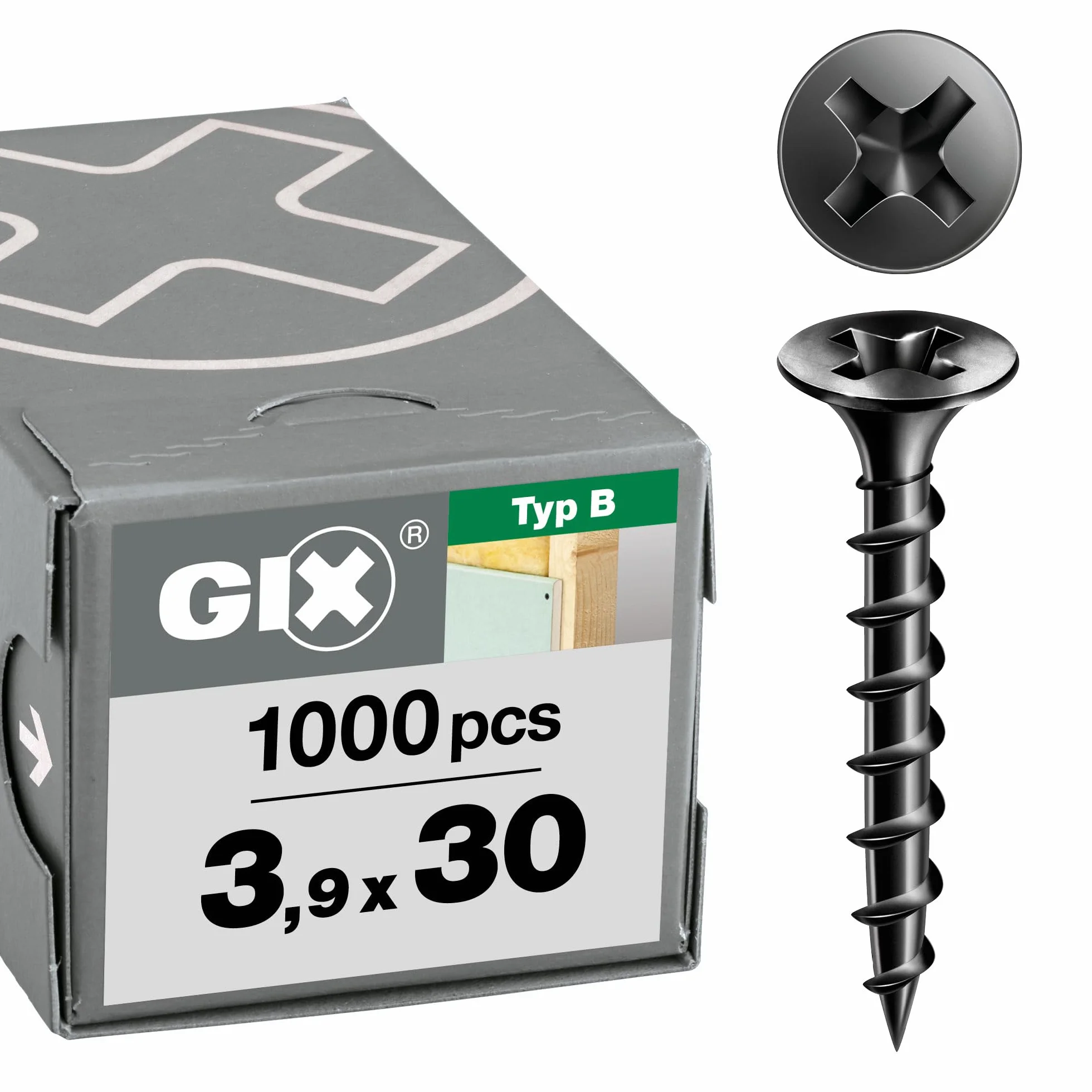 SPAX GIX-B Wkręty do szybkiego montażu 3,9 x 30 mm, gwint gruboziarnisty, 1000 sztuk, łeb trąbki, z rowkiem krzyżowym H2, śruby do suchej zabudowy do drewnianych podkonstrukcji – 1891170390305