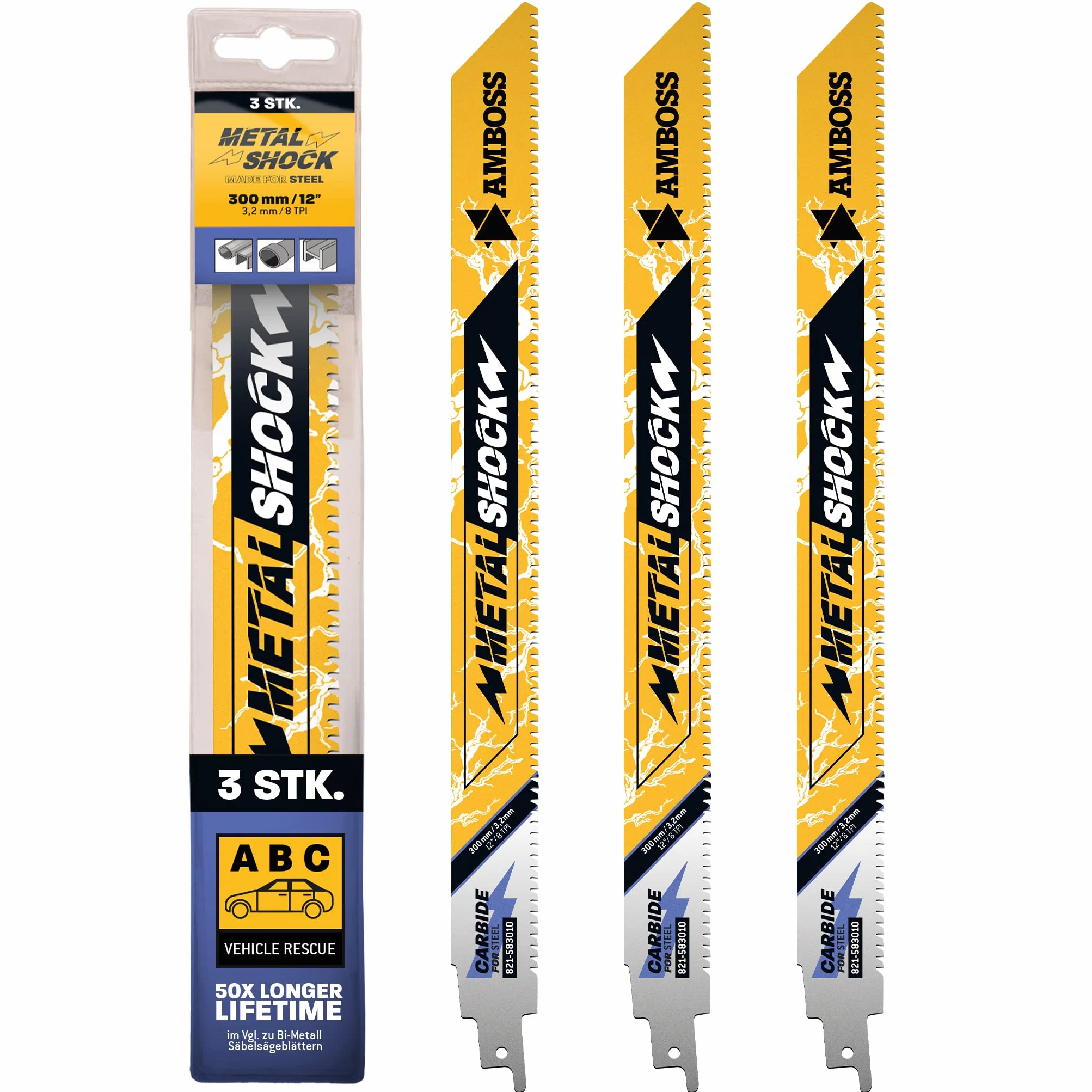 AMBOSS METAL SHOCK - 3 x brzeszczot do piły szablastej długość 300 mm / 8 ZpZ - idealny do odrywania / ratowania pojazdu / montażu / demontażu / budowy rur - odpowiedni do stali (rur/profile/nośniki) oraz rur żeliwnych
