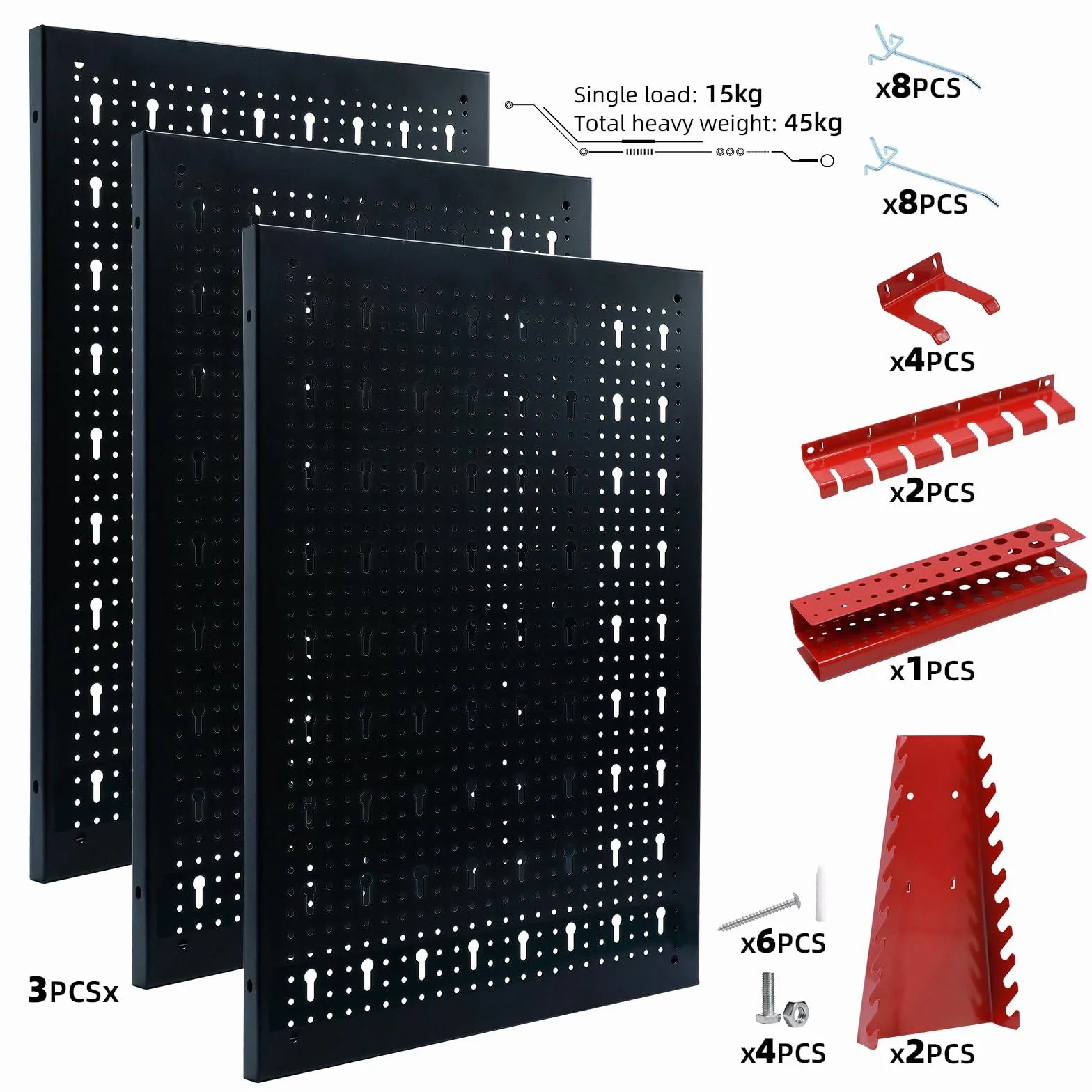 CCLIFE Ścianka narzędziowa ściana perforowana metalowa ścianka z otworami na narzędzia, trzyczęściowa, 120 x 60 x 2 cm, możliwość rozszerzenia, w zestawie 35-częściowe akcesoria, regał ścienny,