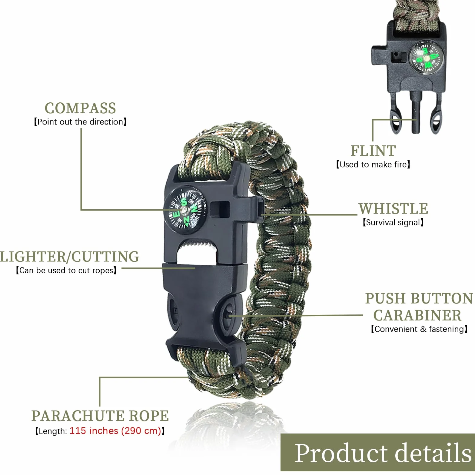 Bransoletki survivalowe zestaw 4 | 5 w 1 bransoletka Paracord z krzesiwem, kompasem i gwizdkiem | wyposażenie awaryjne na kemping, wędrówki, Adjustable (115 inches), Stal nierdzewna