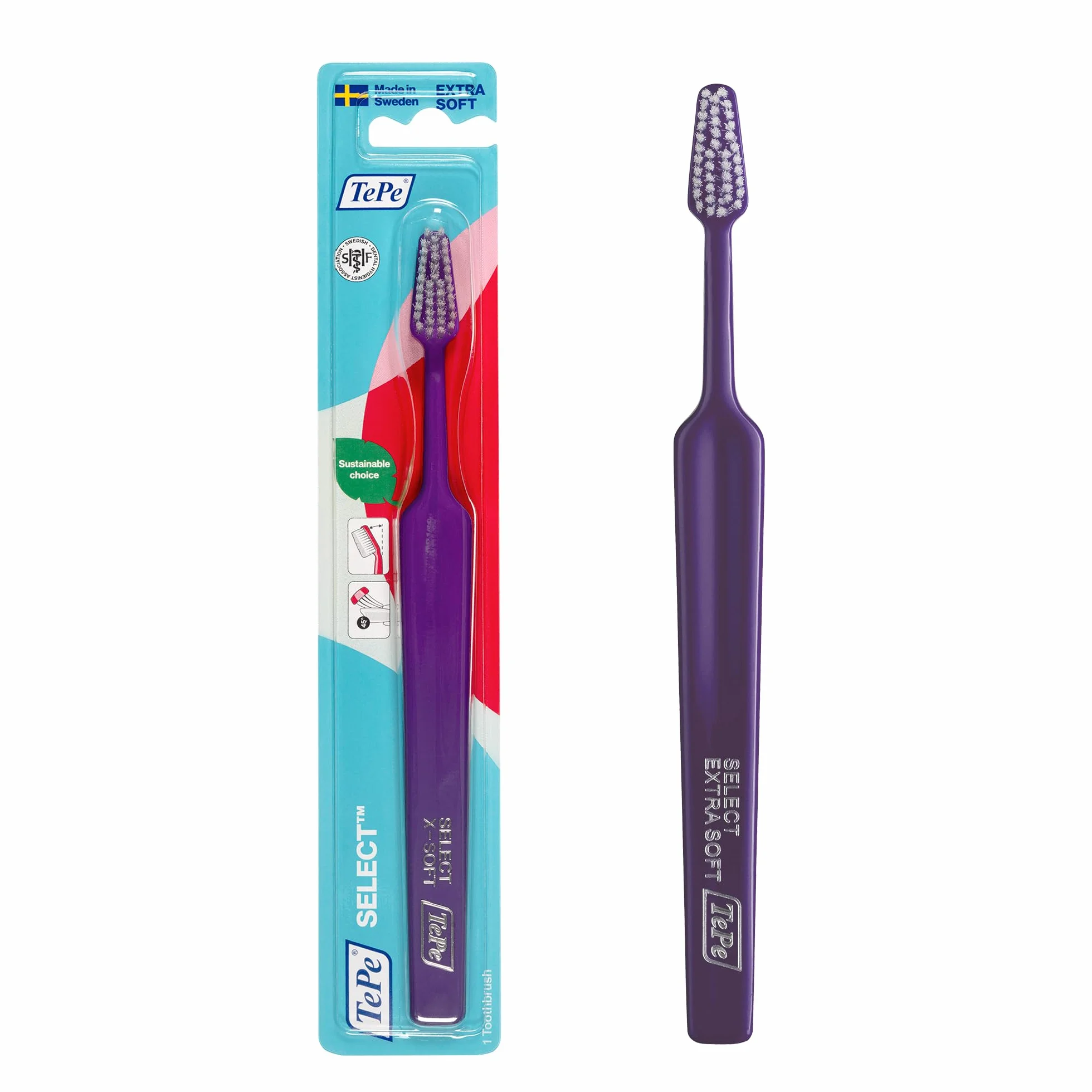 TePe Select Toothbrush, Extra Soft, Purple, 1pc, easy plaque removal with tapered brush heads, extra soft bristle toothbrush for gentle cleaning
