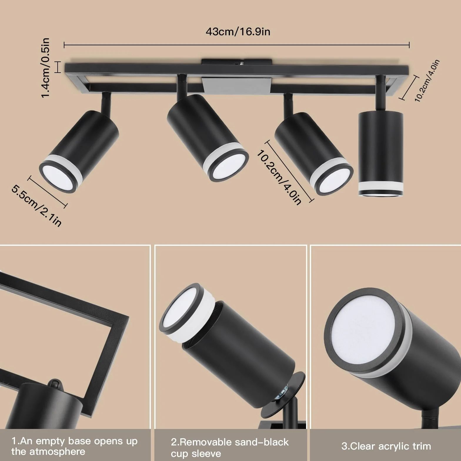 Lampa sufitowa LED z 4 punktami, nowoczesne podwójne obrotowe lampy sufitowe GU10, czarna lampa sufitowa z 4 punktami, do kuchni, sypialni, salonu, przedpokoju, jadalni, bez żarówek
