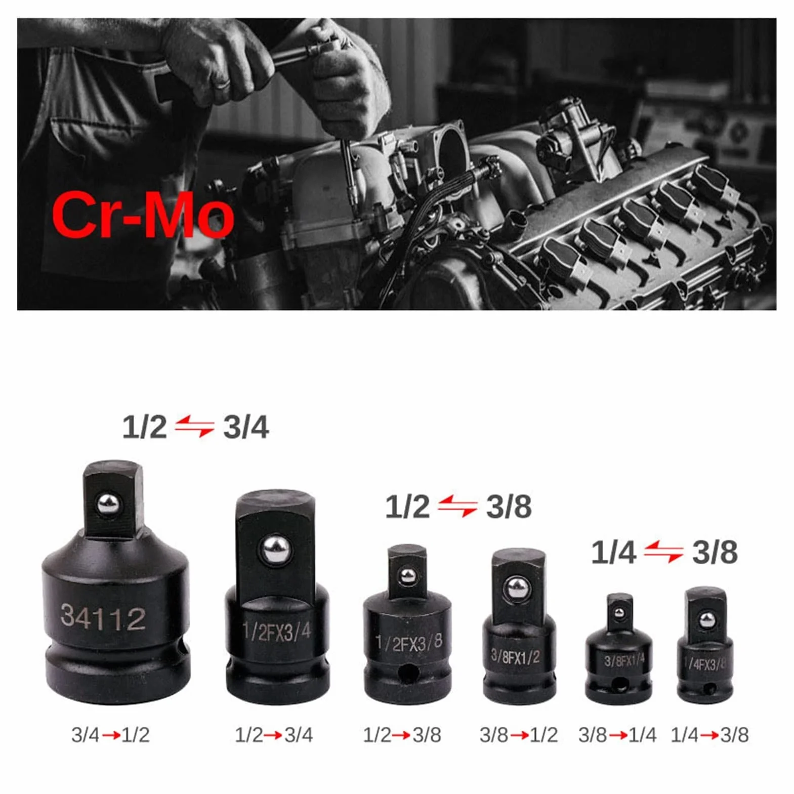 6 szt. kluczy nasadowych 1/4 1/2 3/8 3/4, adapter nasadki udarowej, adapter redukcyjny, zestaw narzędzi do naprawy samochodów z grzechotką i uchwytem wiertarskim