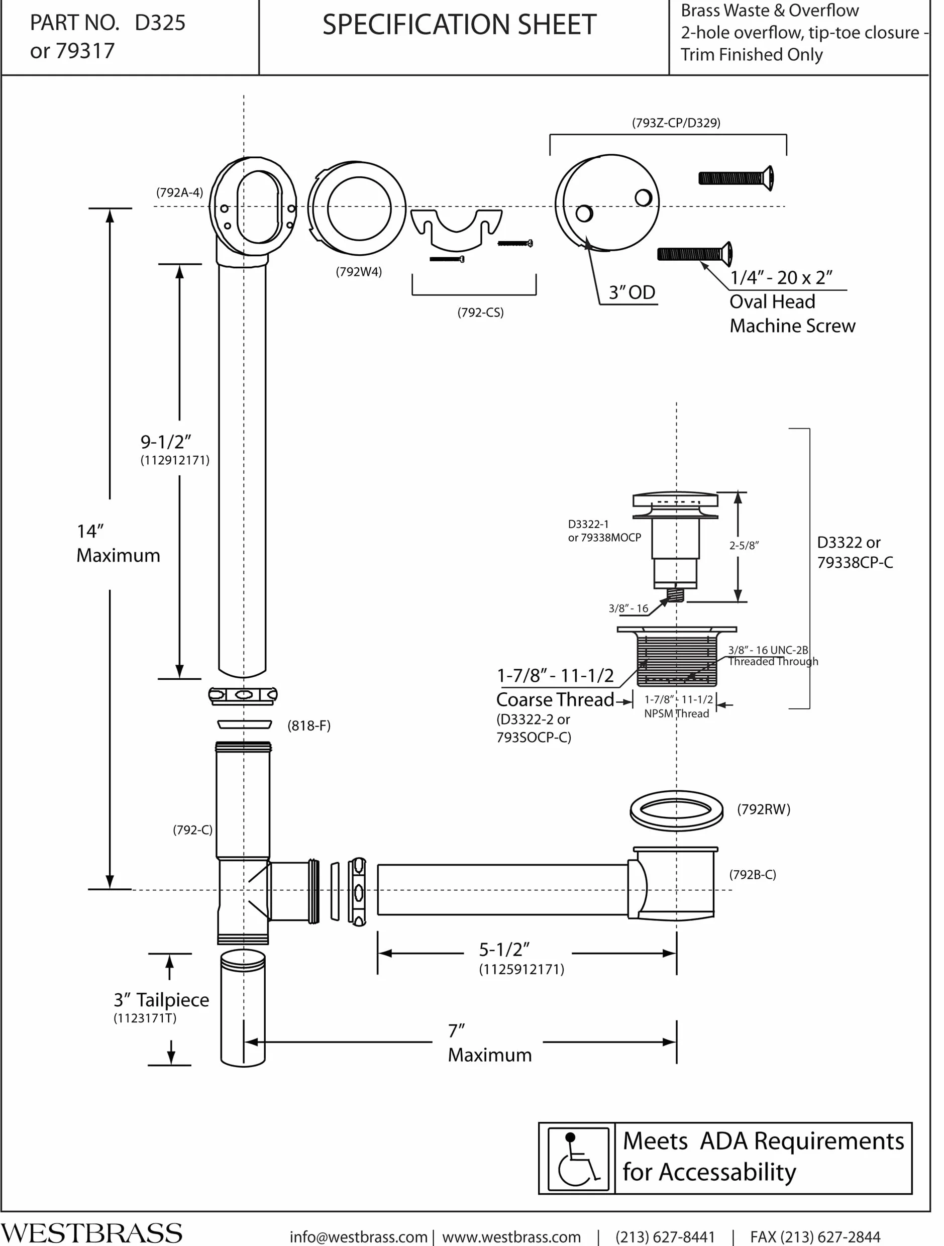Westbrass 35,5 cm 17 Gauge mosiężny odpływ odpływowy i przelewowy z 2-otworową płytką czołową, satynowy nikiel, D325-07