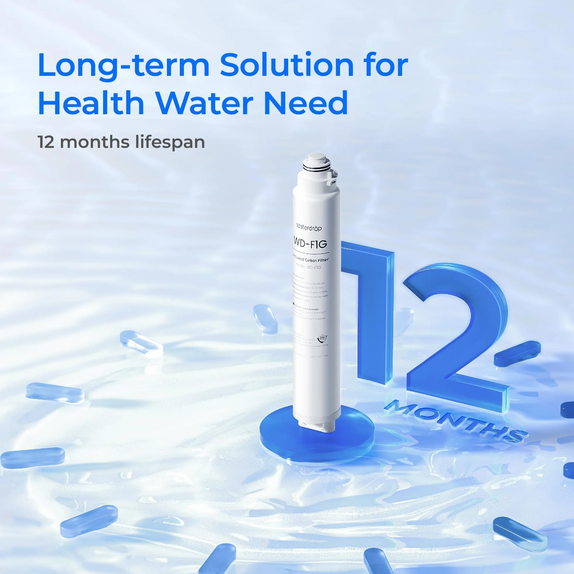 Waterdrop Filtr WD-F1G, zamiennik do systemu odwróconej osmozy WD-X12-Generic i WD-X8, okres użytkowania 6 miesięcy