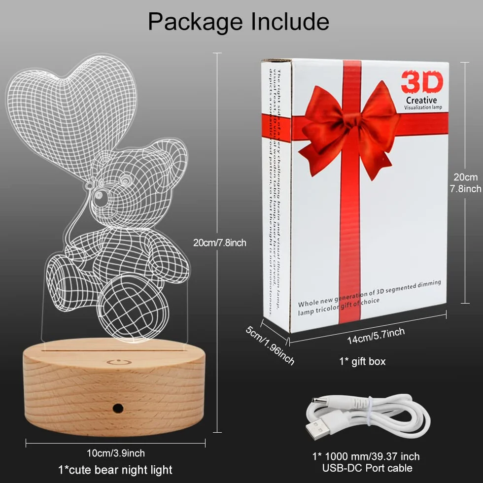GEEKEO Lampa 3D w kształcie misia, dla kobiet, dzieci, lampka nocna, na walentynki, prezent dla kobiet, jubileusz, urodziny, zmiana kolorów, dekoracja dla mamy lub żony