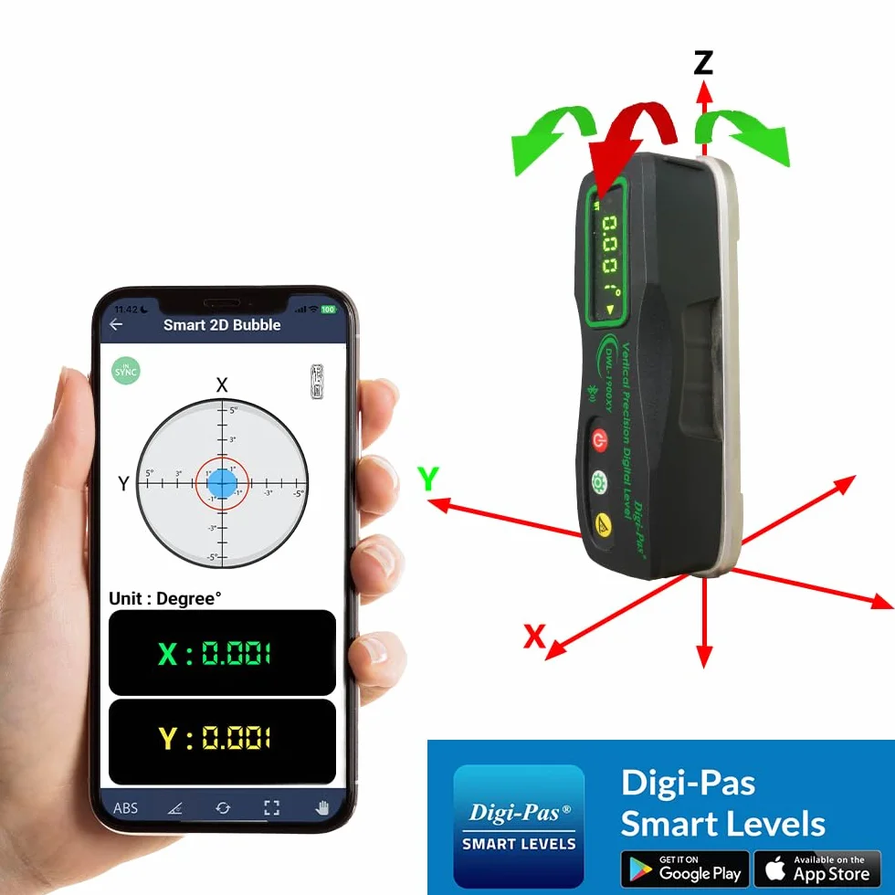 2-osiowy inteligentny pionowy poziom dokładności Digi-Pas DWL1900XY Bluetooth, 0,0002 "/ft (0,02 mm/m)