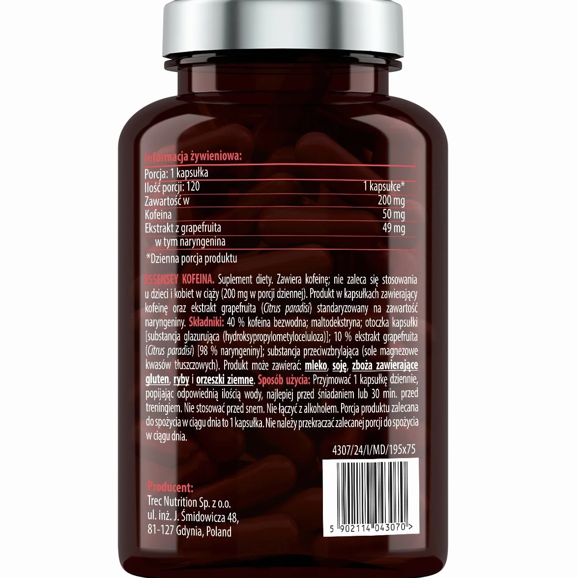 Kapsułki z Kofeiną 200 mg 120 Kapsułek Ekstrakt z grejpfruta 50 mg Naryngenina 49 mg Dla wegetarian