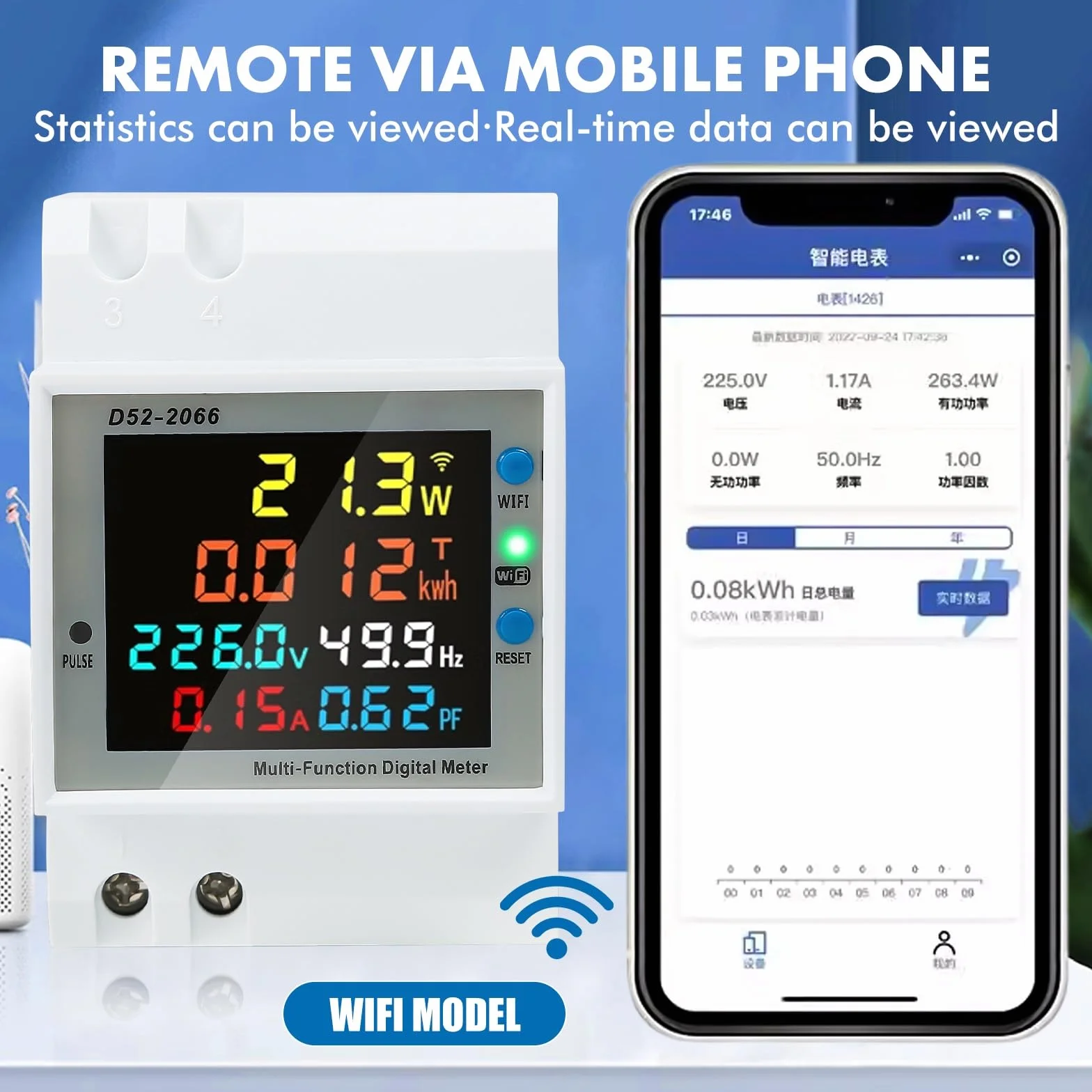 Jadeshay Inteligentny licznik prądu WiFi, szyna montażowa, 6 w 1, LCD, cyfrowy licznik prądu zmiennego, szyna montażowa, licznik KWh, AC40-300 V, 100 A, z wyświetlaczem LCD (wbudowany CT)