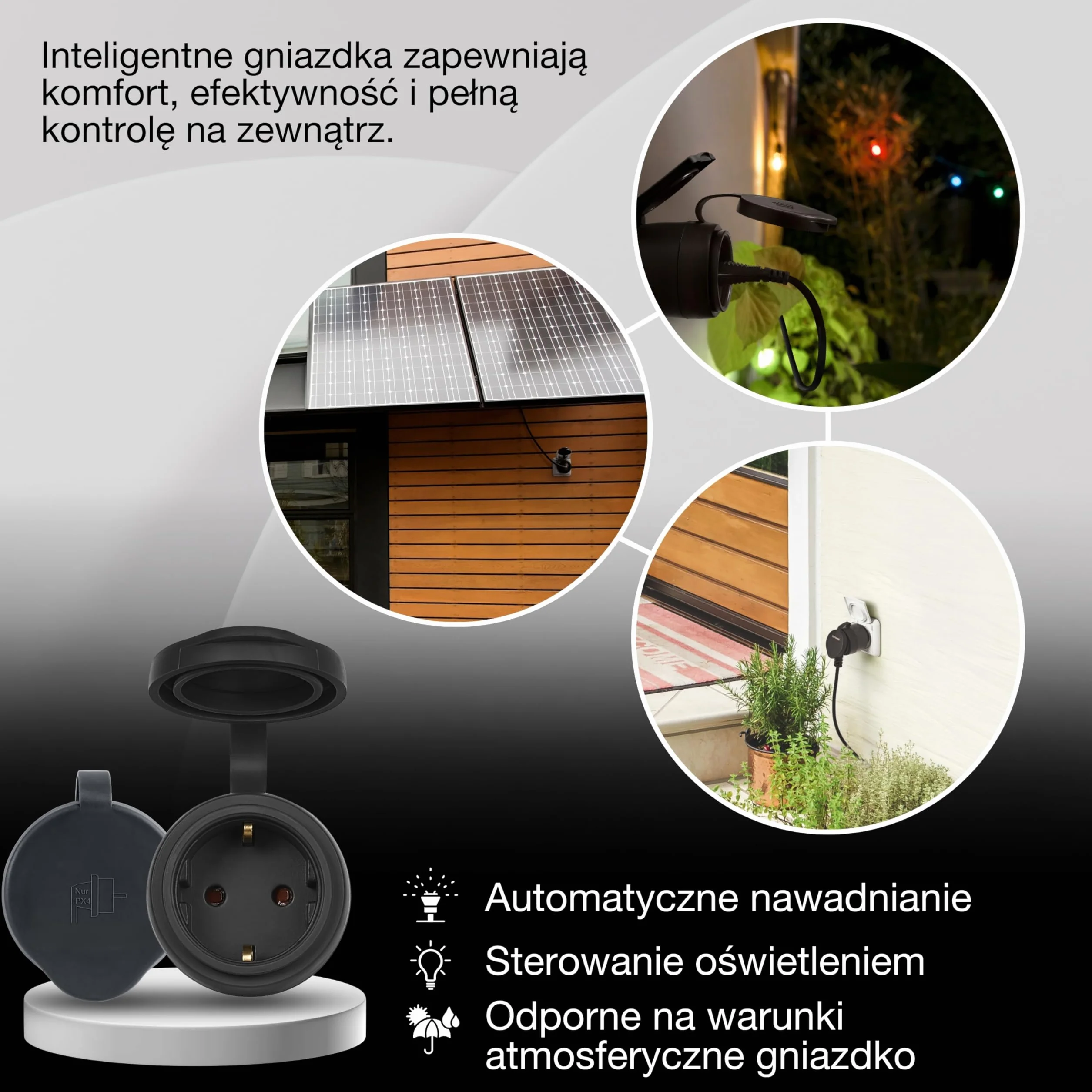 OSRAM Gniazdo zewnętrzne EU SMART+ MATTER, gniazdo zewnętrzne z kontrolą zużycia energii w kolorze czarnym wykonane z PP, stopień ochrony IP44, integracja urządzeń z inteligentnym domem