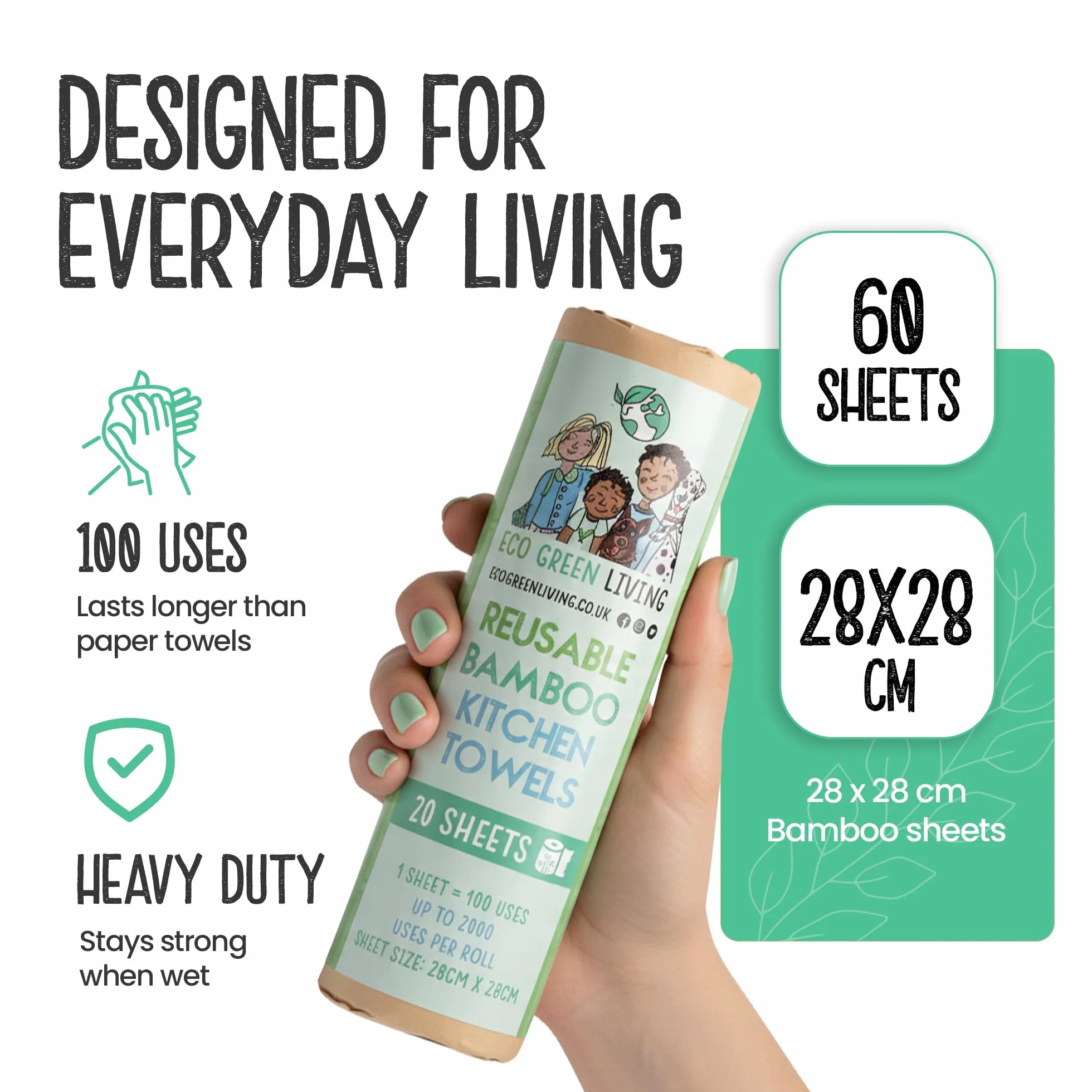 Eco Green Living Bambusowe ręczniki wielokrotnego, zmywalne, ekologiczna alternatywa dla ręczników papierowych, niezawierające plastiku, do 100 zastosowań na arkusz, 3 rolki x 20 arkuszy