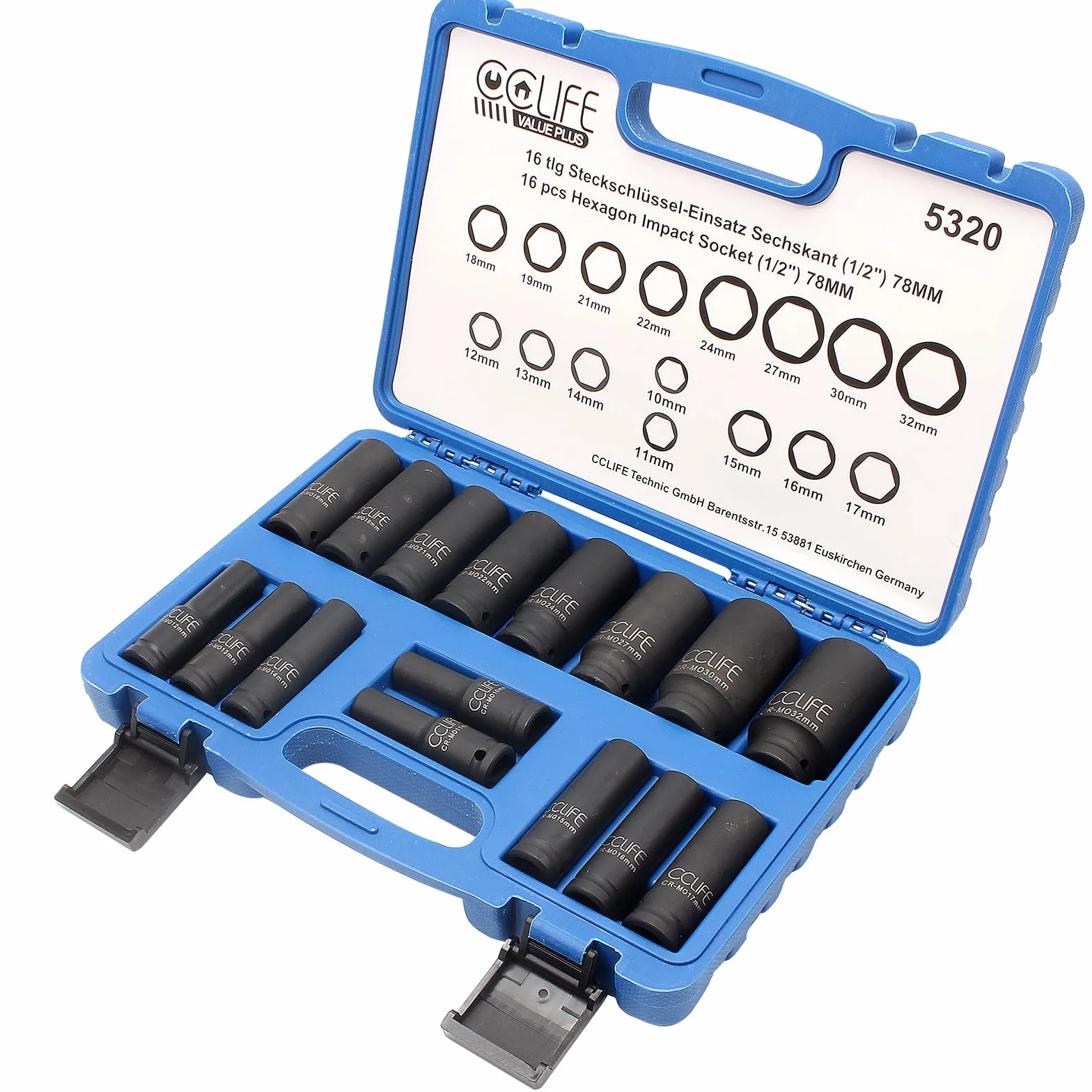 CCLIFE Zestaw nasadek udarowych, głębokie nasadki udarowe 1/2" sześciokątne metryczne 10-32 mm, 16 sztuk