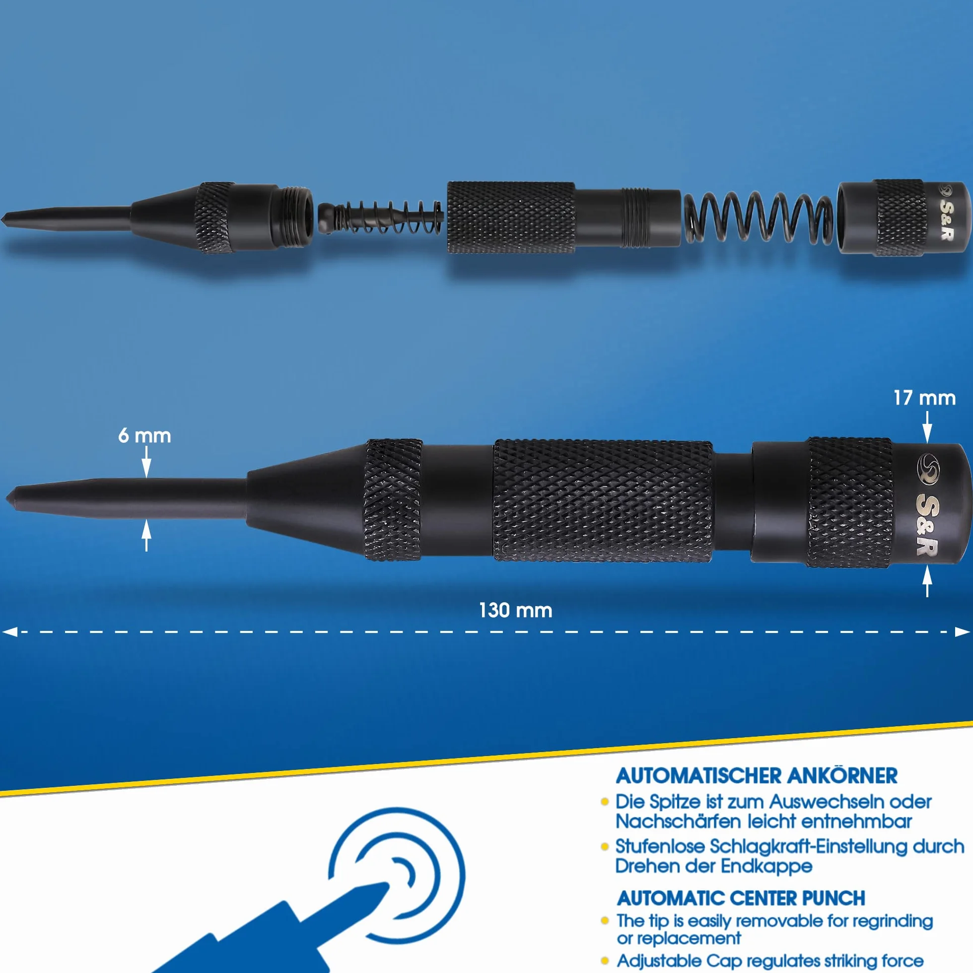 S&R Automatyczny dziurkacz 50-100 N, 130 mm, dziurkacz automatyczny z 1 wymienną końcówką, Cr-V, automatyczny dziurkacz zębaty, solidna i trwała konstrukcja w całości z metalu, do metalu, drewna