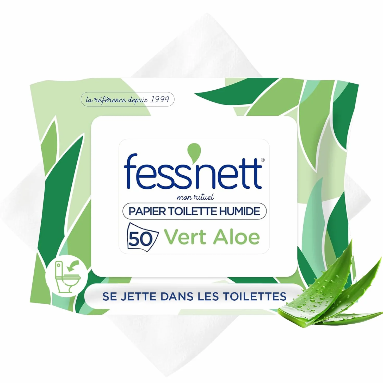 Fess'nett papier toaletowy, wilgotny, pocket, zielony, aloes, 50 sztuk – testowany dermatologicznie 0% parabenów, 0% fenoksyetanolu – do skóry normalnej