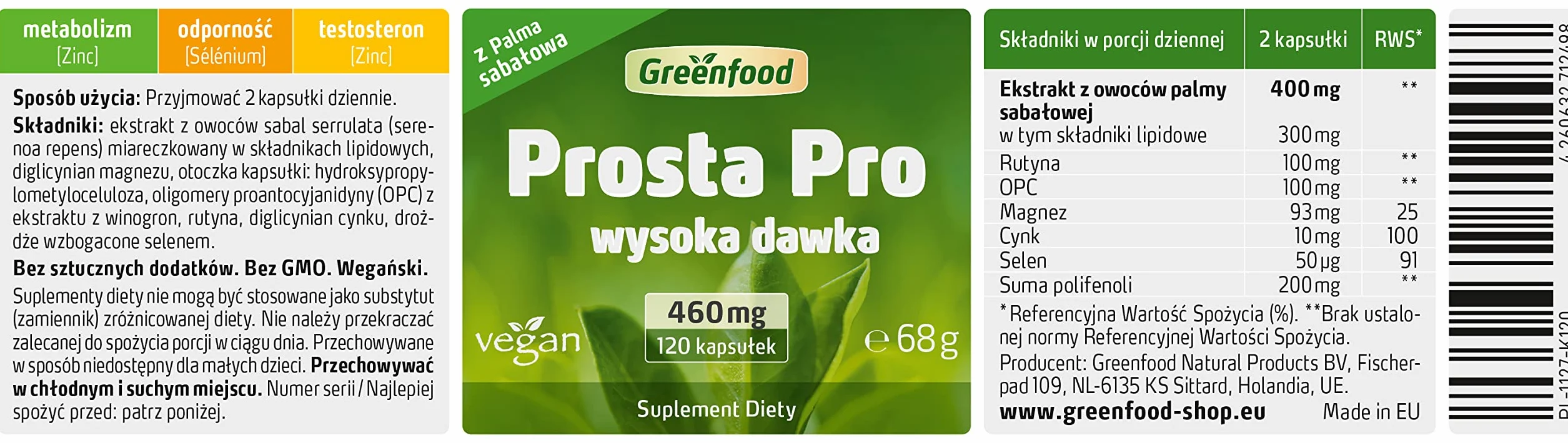 Greenfood Prosta Pro 460 mg 120 kapsułek z palmą sabałową OPC rutyną cynkiem selenem