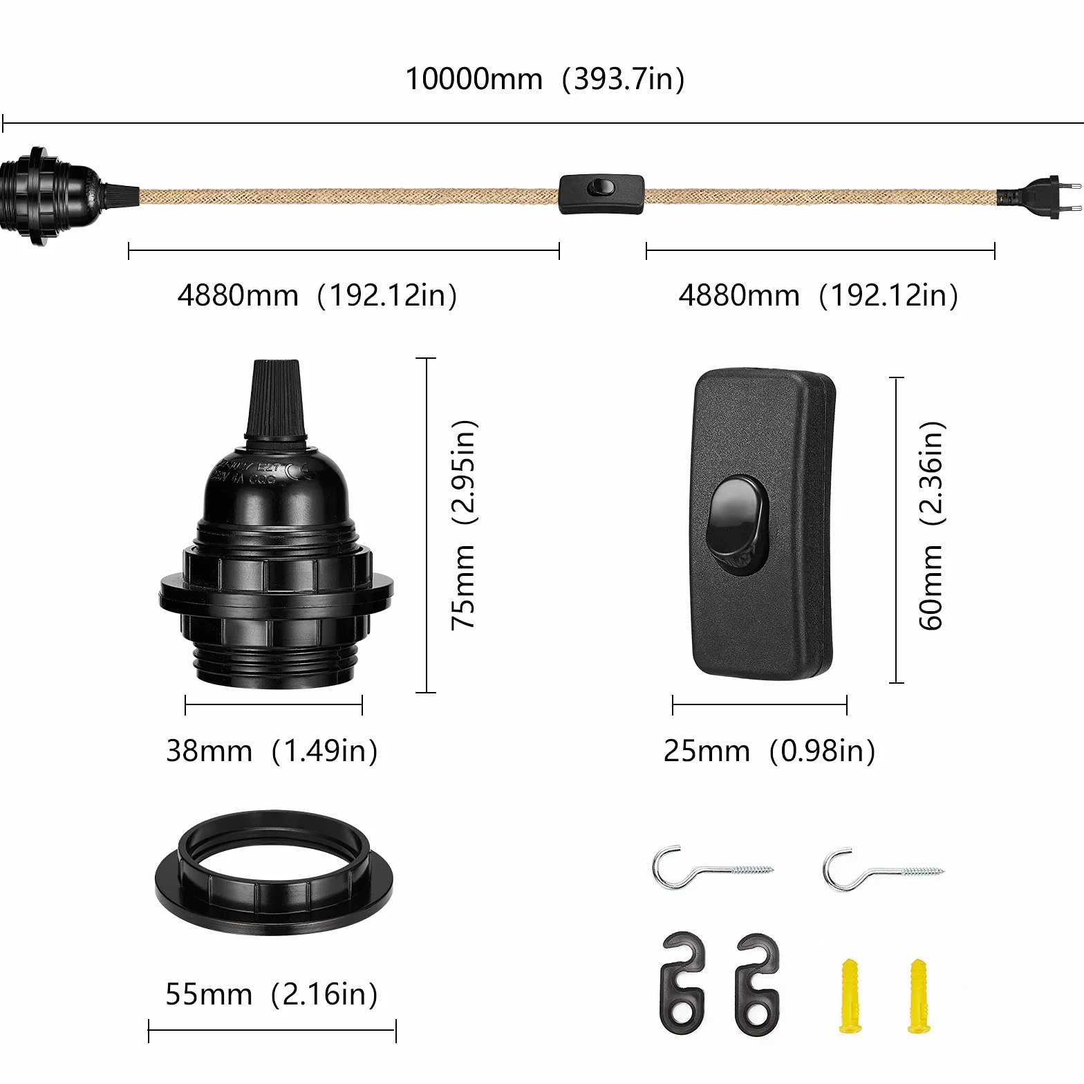 GreenSun Oprawa i lampa E27 z kablem, przełącznik, kabel tekstylny 10 m, 2-żyłowy, przewód elektryczny z zawieszeniem E27/E26